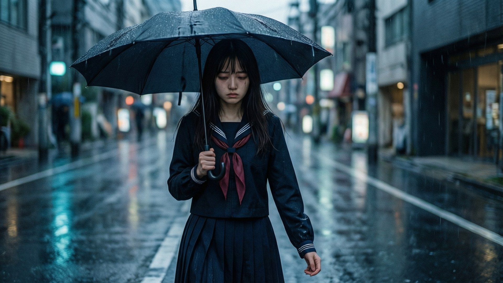 一個穿著校服的年輕女孩在夜晚的雨中獨自撐著雨傘行走。