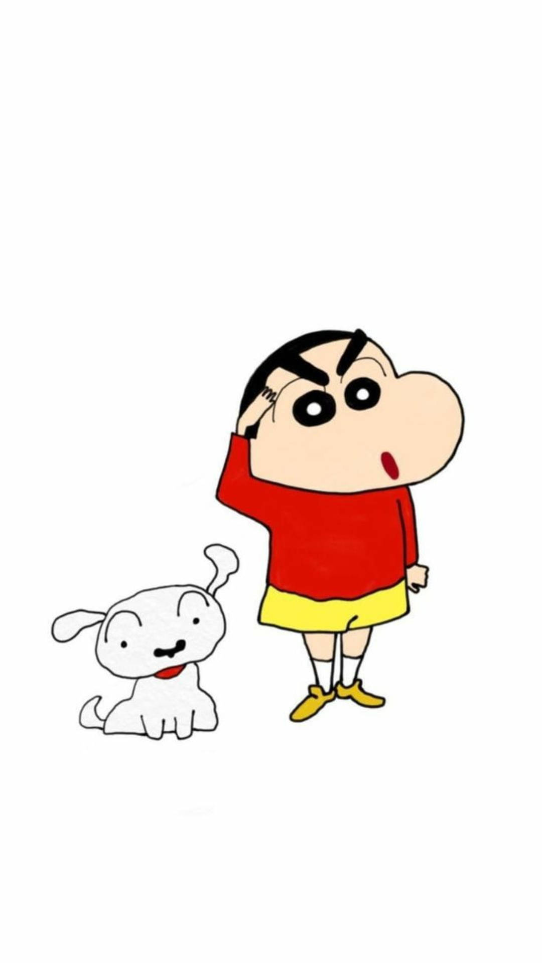 蠟筆小新和他的狗在白色背景下看起來很驚訝。