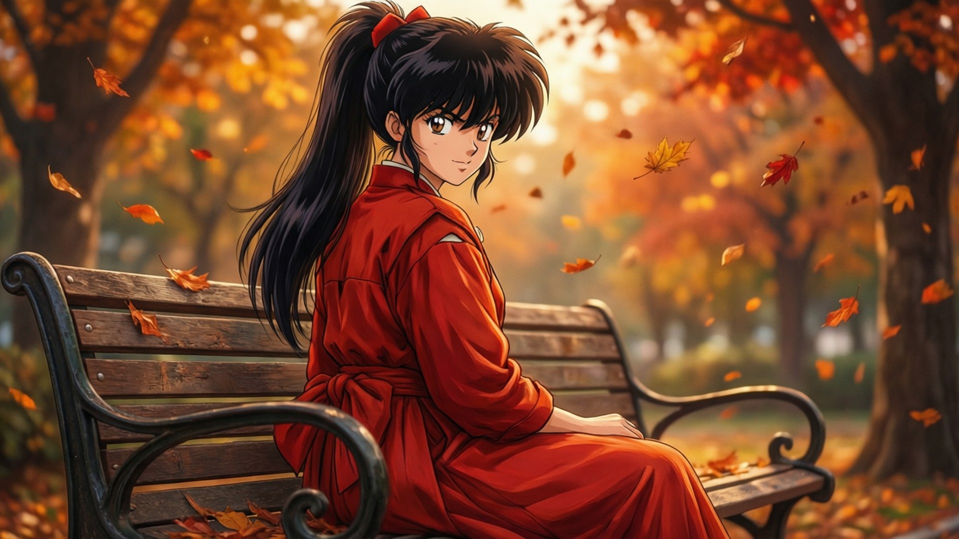 Ran-mao 桌布 壁紙 — 一位穿著紅色和服的年輕動漫女孩坐在公園長椅上，金色秋葉在溫暖陽光中圍繞她旋轉。