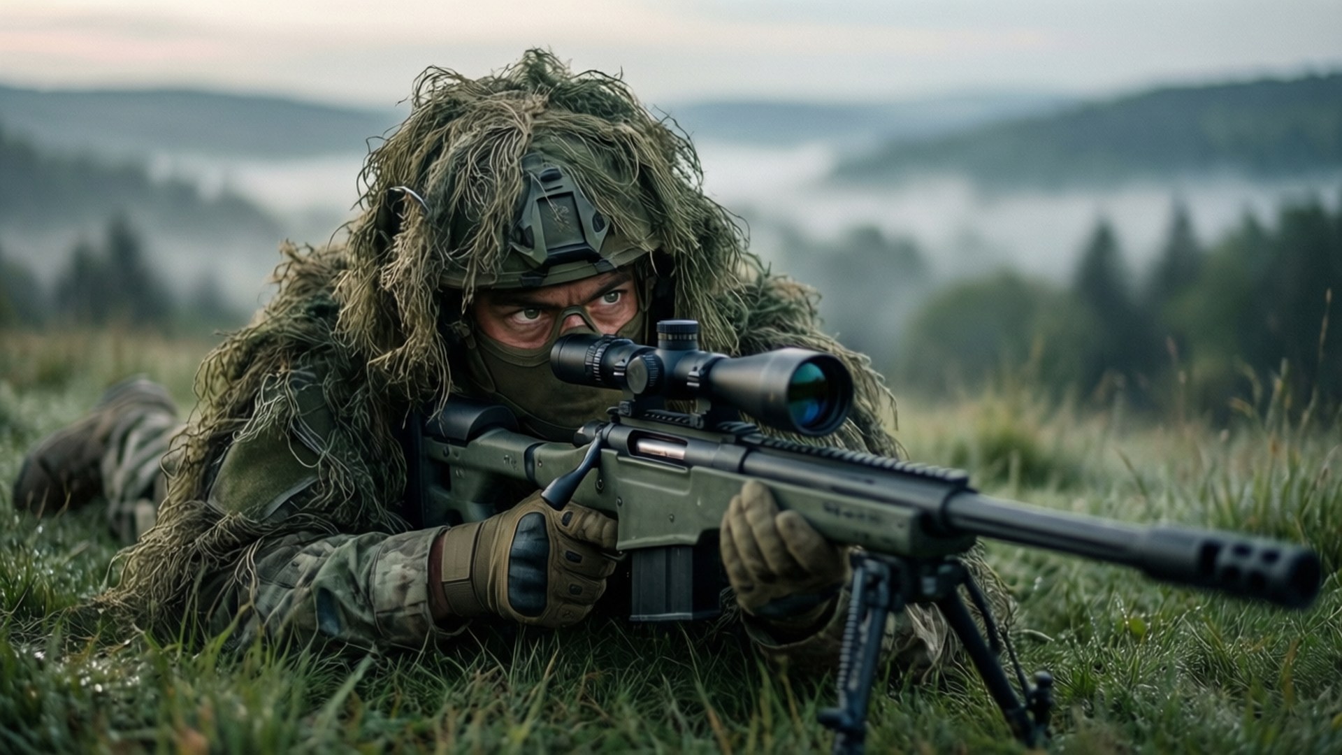 US Special Forces 桌布 壁紙 — 一名穿著完整吉利服的狙擊手在黎明時分蹲在霧氣瀰漫的草地上，用帶瞄準鏡的步槍瞄準。