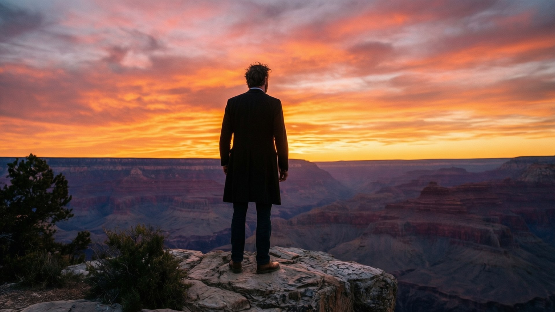 Magnificent Sunset Silhouette 壁紙 — 一個穿著深色外套的男人獨自站在岩石懸崖邊緣，俯瞰著廣闊的大峽谷，夕陽下燃燒的橙色和粉紅色雲彩。