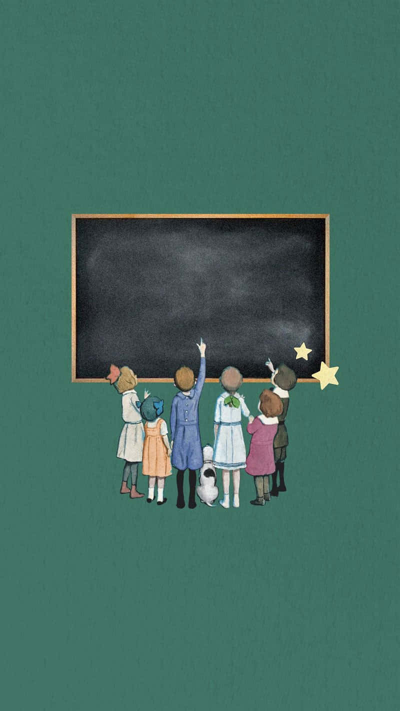 School Aesthetic 桌布 壁紙 — 穿著復古服裝的孩子們站在黑板前，旁邊有閃爍的星星，背景是青綠色。
