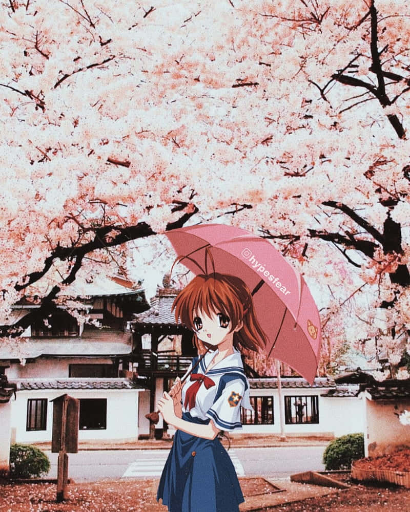  壁紙 — 穿著水手服的動漫女孩在傳統日本建築附近盛開的櫻花下拿著粉紅色雨傘。