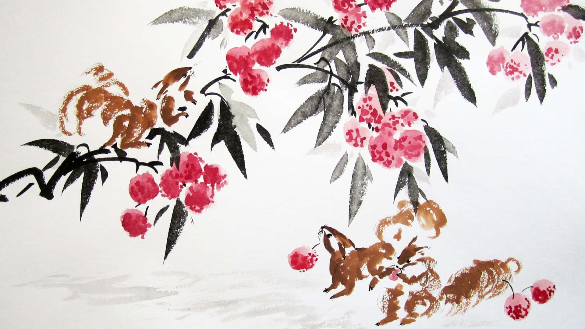  壁紙 — 傳統水墨畫描繪頑皮的棕色猴子在滿是鮮豔粉紅花朵和紅色果實的樹枝間跳躍。
