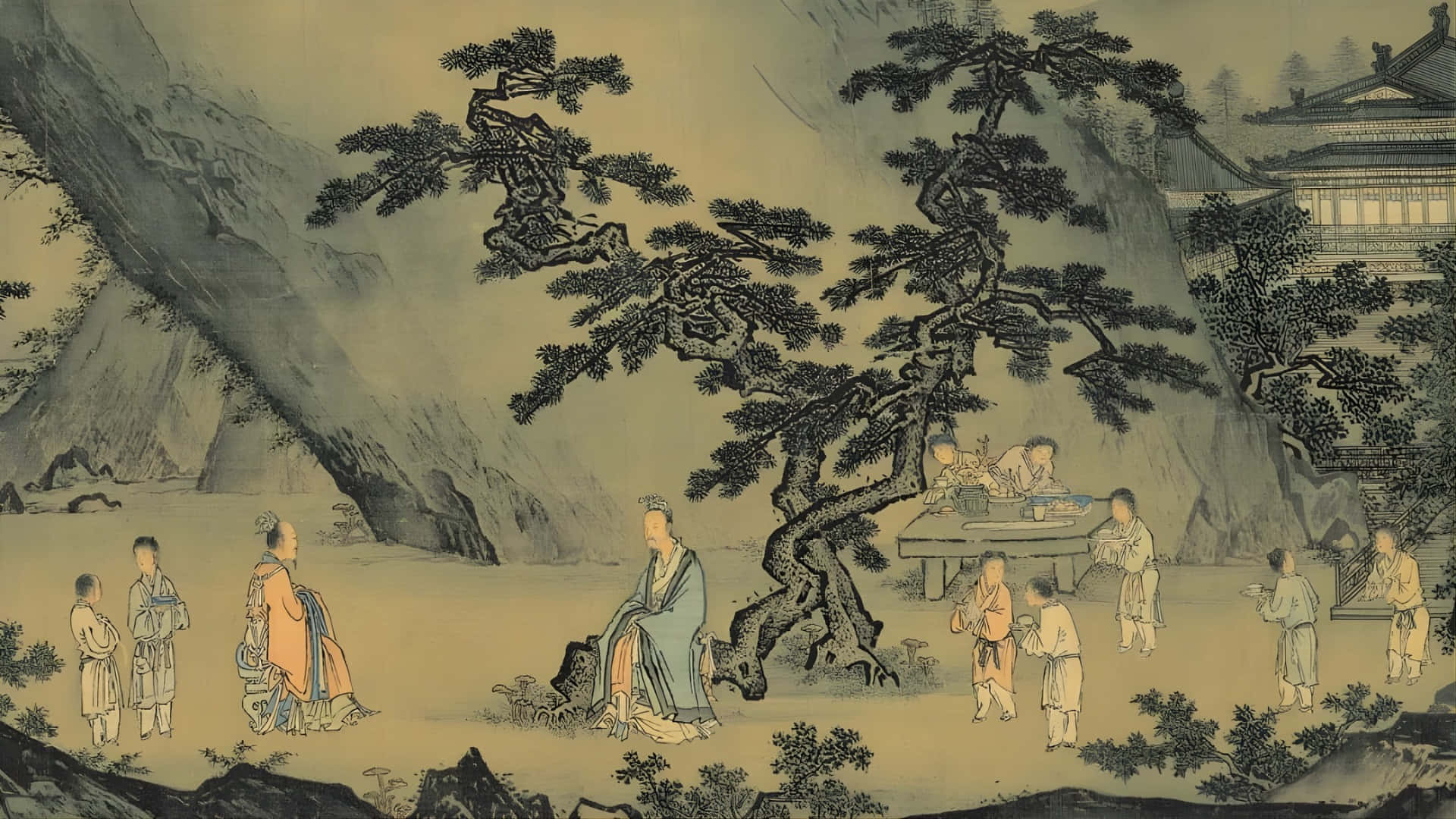  壁紙 — 傳統中國水墨畫描繪了學者和孩子們聚集在山寺附近盤根錯節的松樹下。