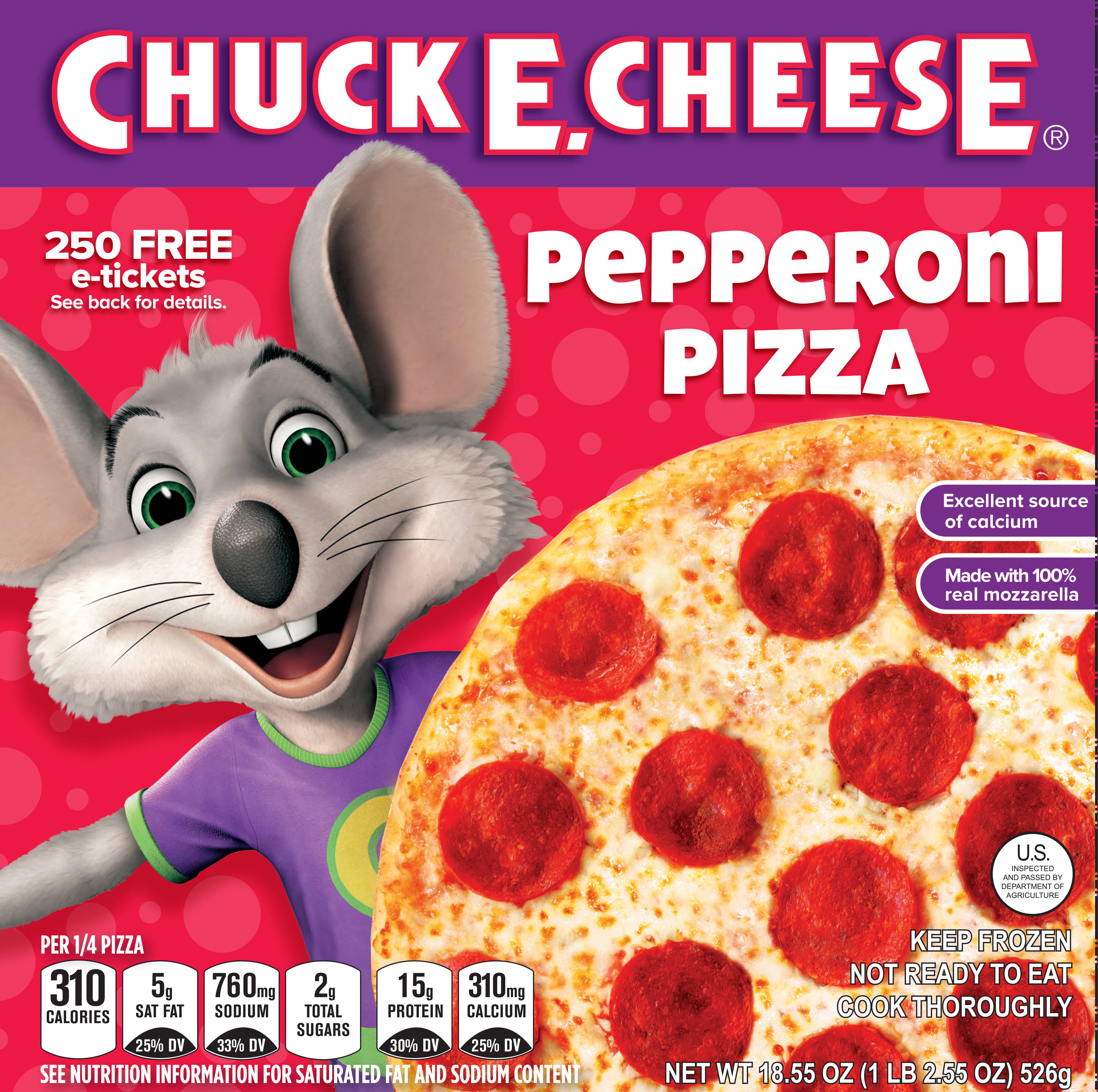 Chuck E Cheese披薩海報 壁紙 — Chuck E Cheese 吉祥物在鮮豔的紅色背景上，旁邊有意大利辣香腸披薩和營養資訊，微笑著。