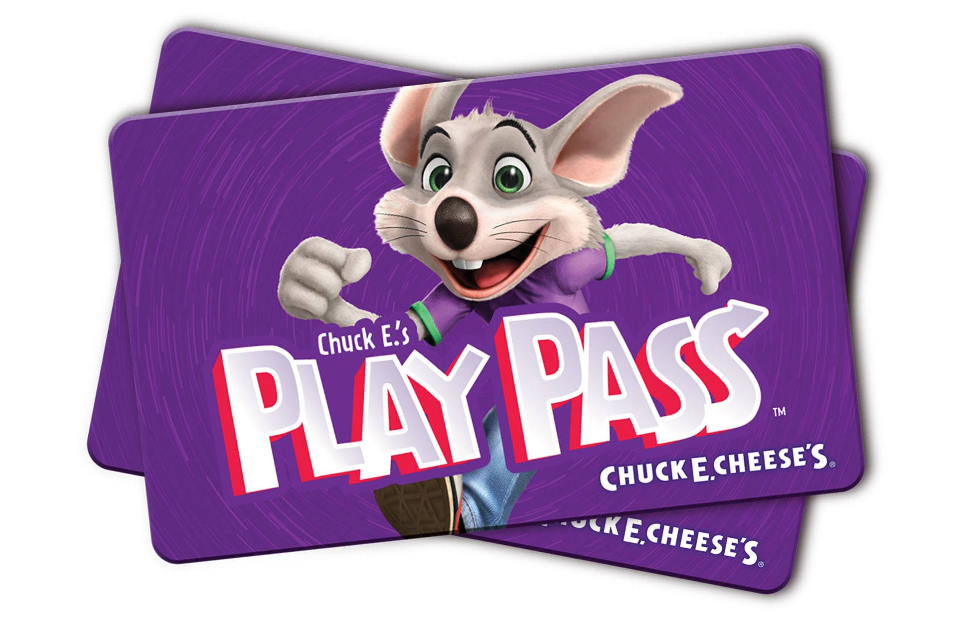 Chuck E Cheese 遊樂通關卡 壁紙 — Chuck E. Cheese's Play Pass 禮品卡以鮮豔的紫色背景襯托出開心的動畫老鼠吉祥物。