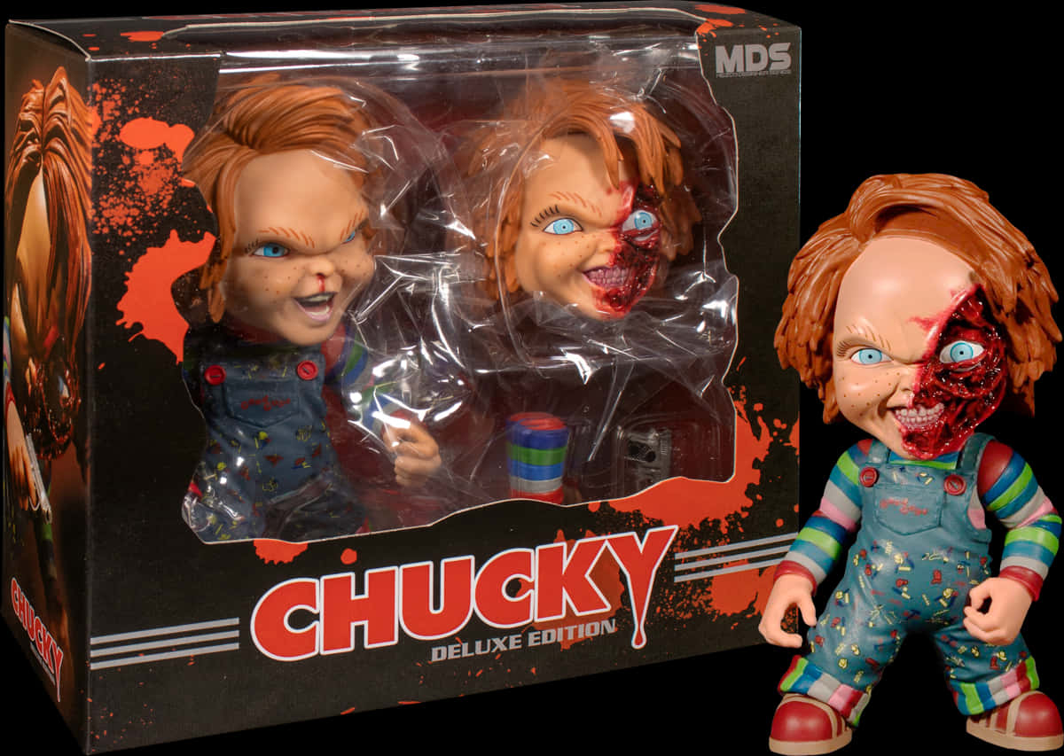 Chucky Deluxe Edition人偶包裝 壁紙 — 一個半邊臉沾滿血的Chucky人偶站在其豪華版包裝旁，包裝有兩個頭。