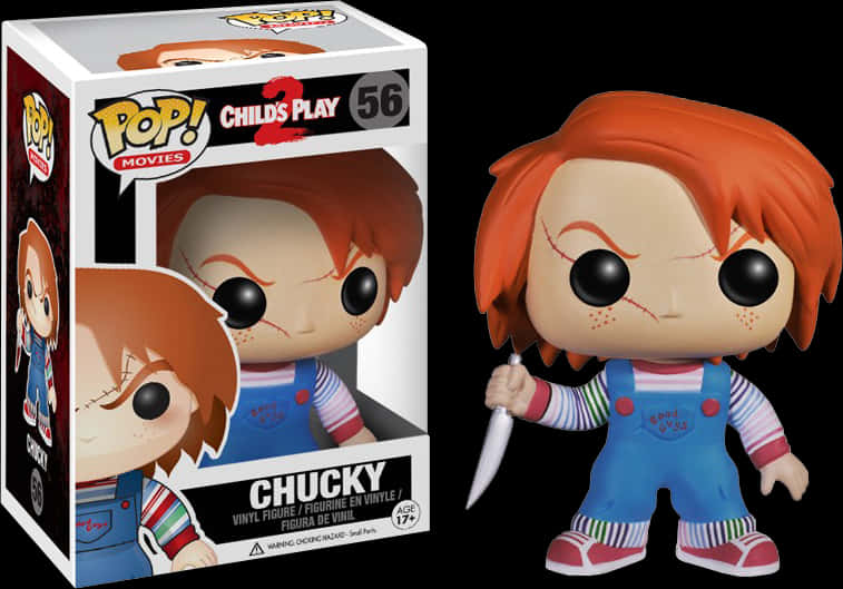 Chucky Funko Pop人偶 壁紙 — 來自《鬼娃回魂2》的Chucky Funko Pop! 乙烯基公仔站在其盒子旁邊，手持刀，背景為黑色。