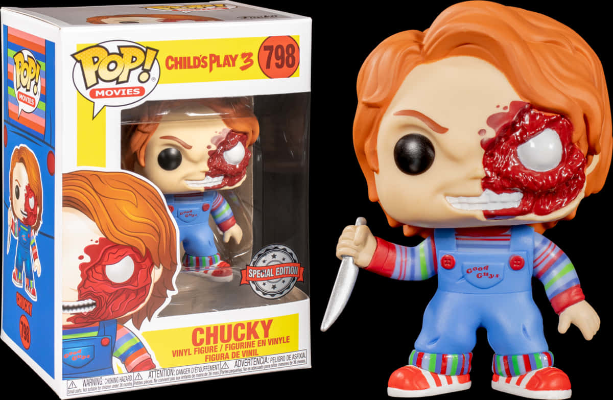Chucky Funko Pop特別版 壁紙 — 來自《靈異入侵3》的Chucky Funko Pop! 乙烯基公仔，帶有血眼和刀，展示在其收藏盒旁邊。