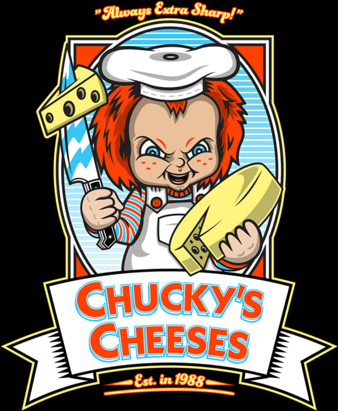 Chucky芝士餐廳諧趣插畫 壁紙 — 一個卡通風格的Chucky吉祥物穿著廚師服，在條紋背景上拿著芝士和刀，並有粗體標牌。
