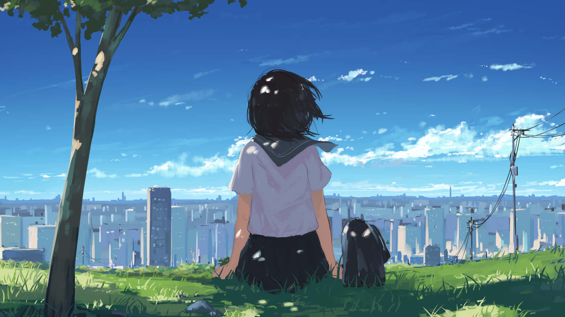  壁紙 — 一個穿著校服嘅女仔坐喺樹下嘅草地上，俯瞰喺晴朗藍天下嘅廣闊城市景觀。