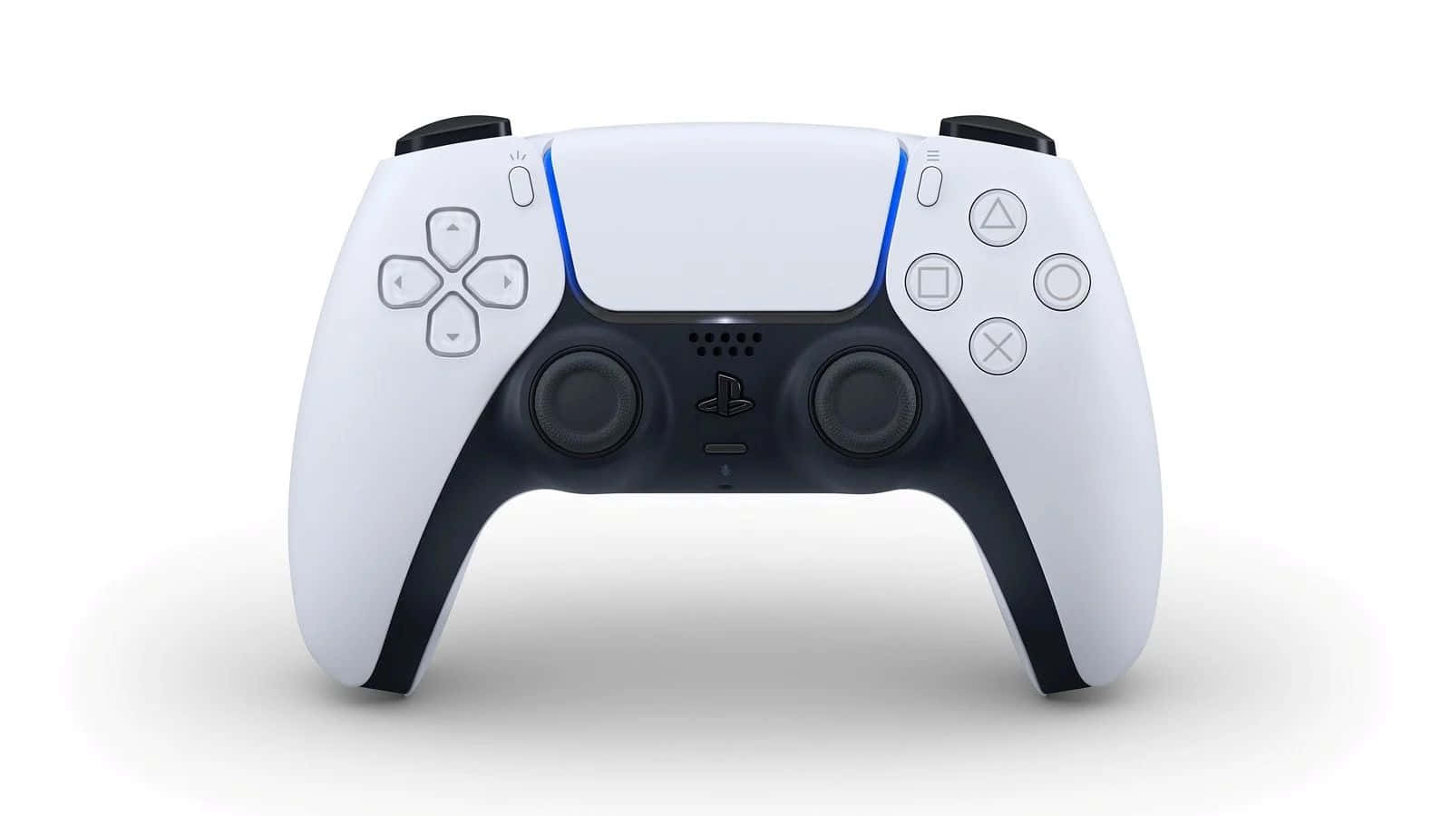  壁紙 — 純白色PlayStation 5 DualSense控制器，帶有發光藍色點綴，置於乾淨的白色背景中央。