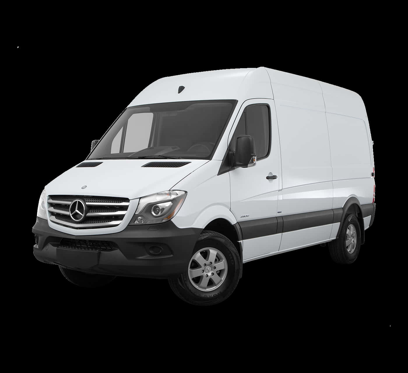 Mercedes Benz Sprinter 桌布 壁紙 — 一輛純白色的 Mercedes-Benz Sprinter 客貨車在黑色背景下的攝影棚燈光中展示。
