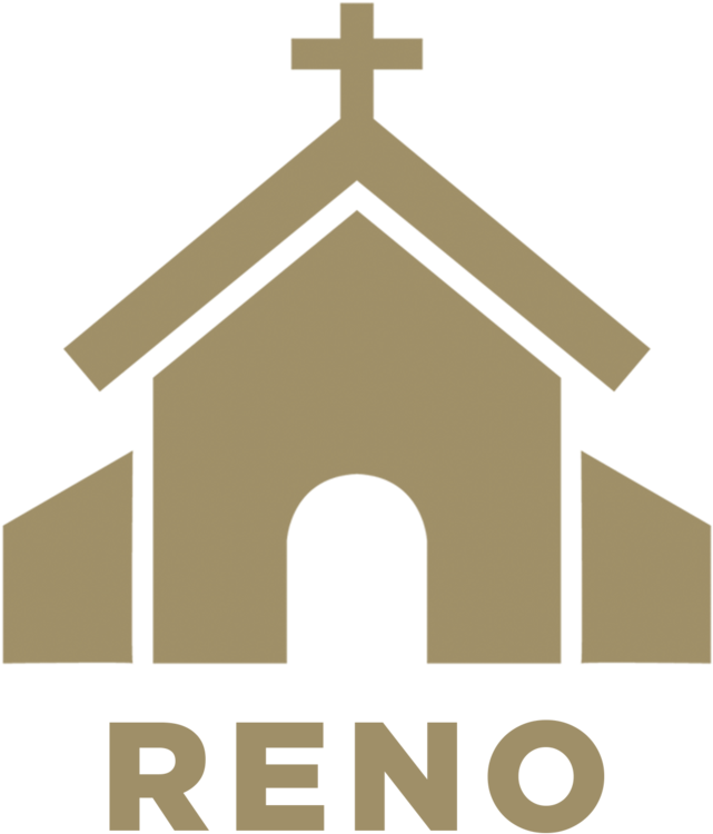 Church_ Reno_ 標誌 壁紙 — 一個極簡主義的米色教堂圖標，頂部有十字架的山牆屋頂和拱形門口，背景為黑色。