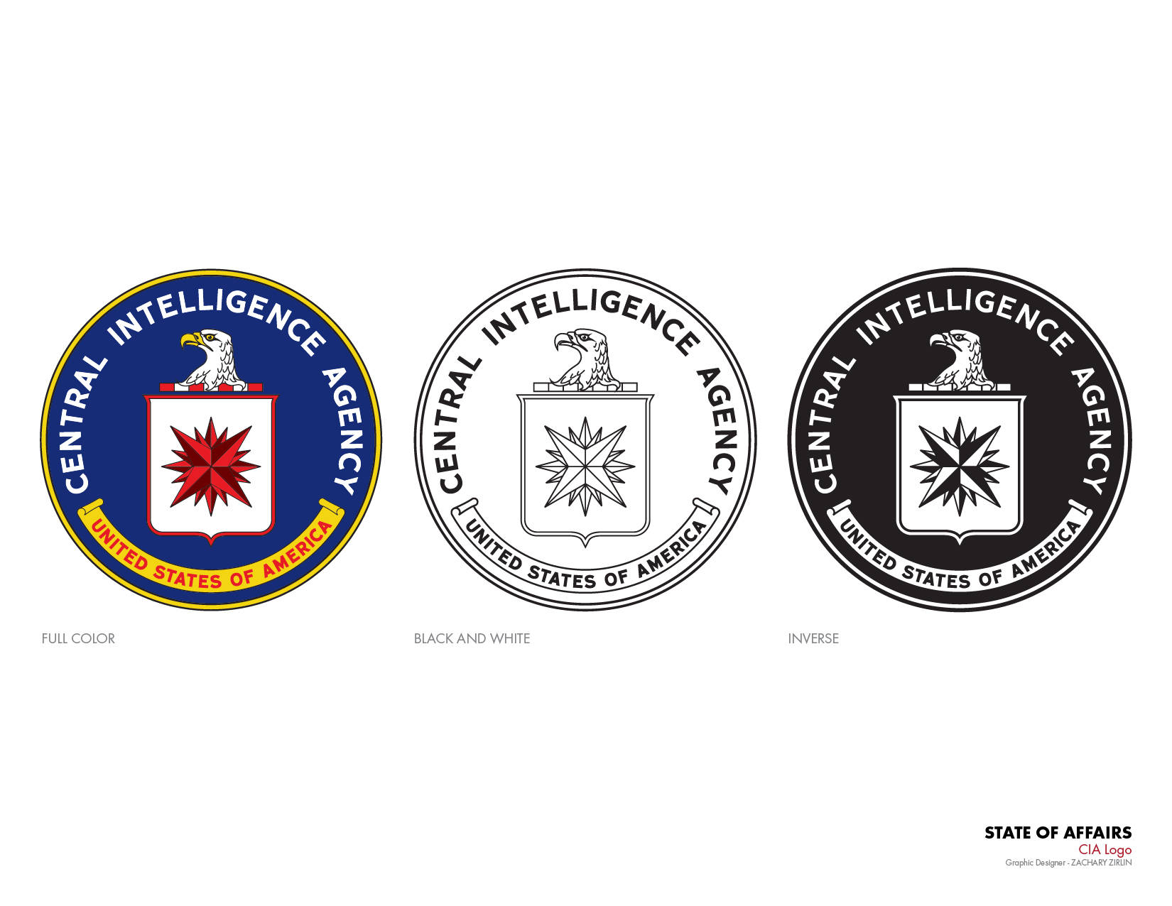 CIA標誌印章三色版 壁紙 — CIA 標誌的三個版本並排顯示：全彩、黑白和反轉單色。