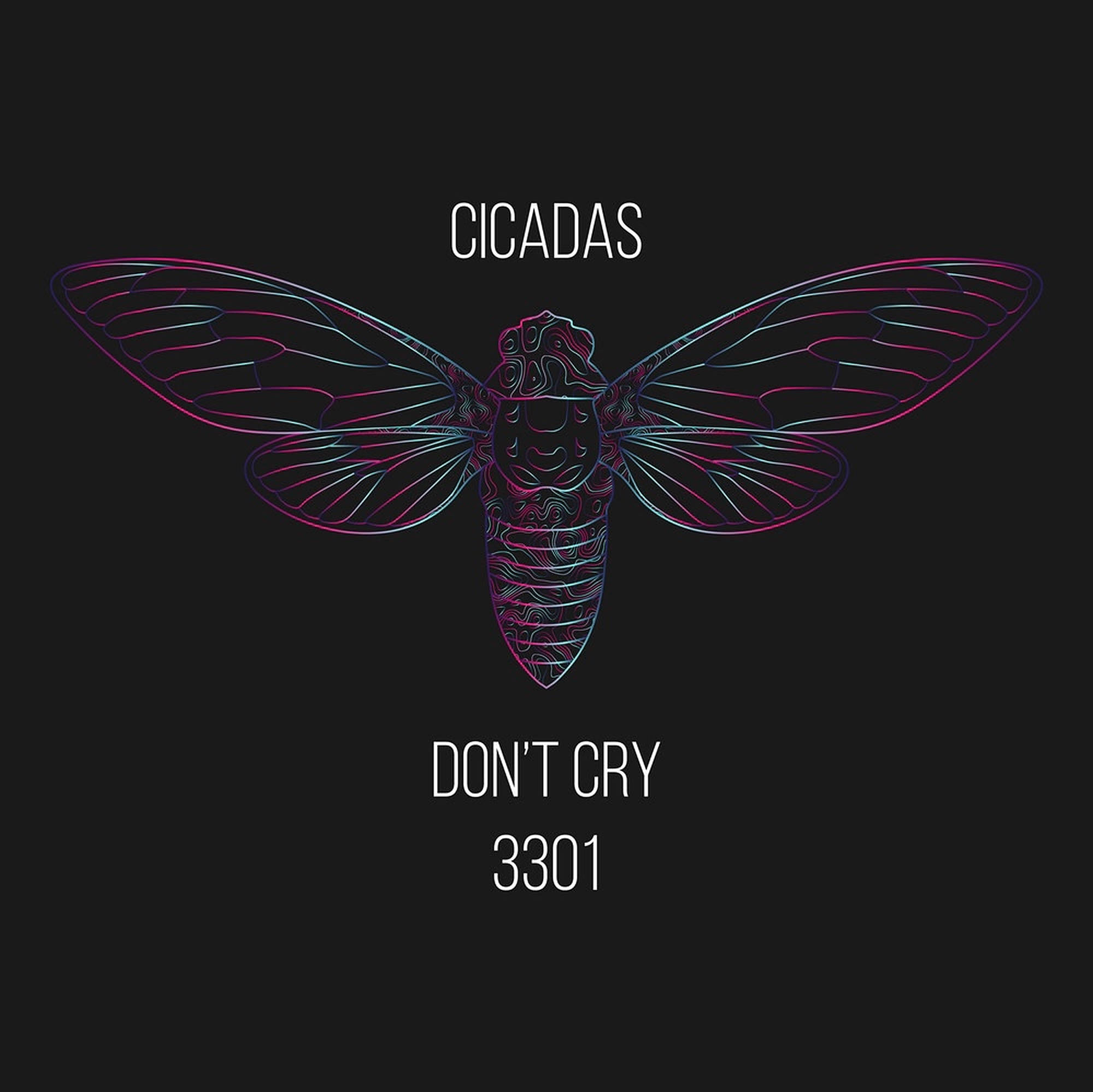 Cicada 3301 不要哭泣 壁紙 — 一幅帶有複雜翅膀圖案的霓虹燈蟬插圖在黑暗背景上發光，並帶有文字。