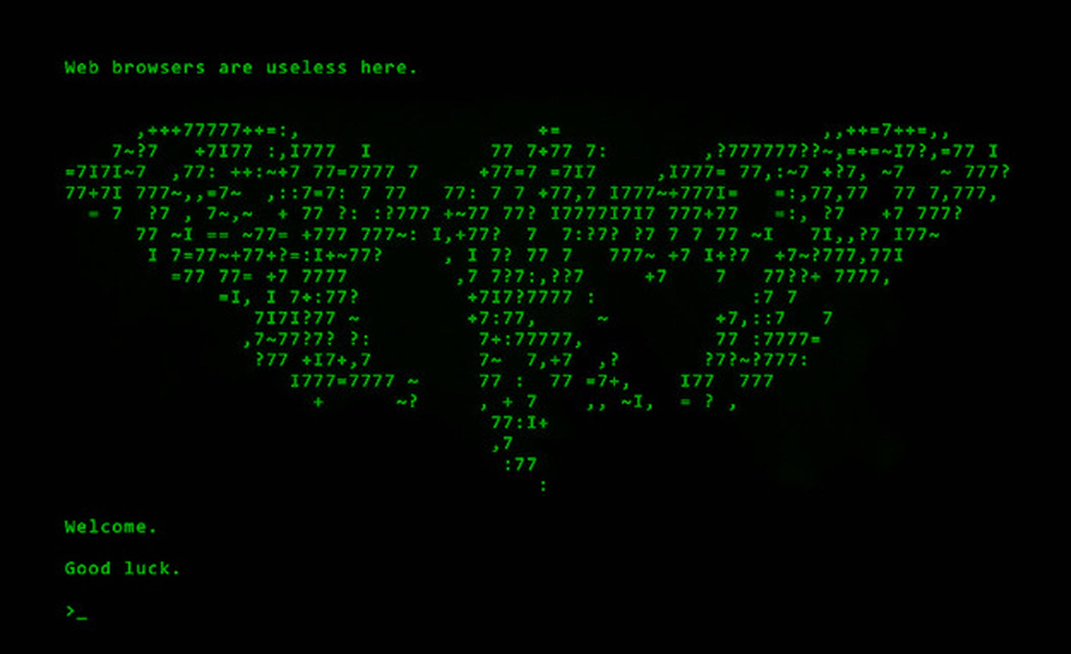 Cicada 綠色數位_Matrix 風格 壁紙 — 黑色背景上的綠色文字顯示一個帶有神秘符號和歡迎訊息的復古電腦終端機。