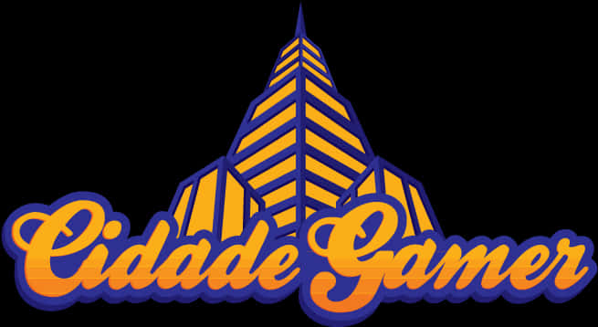 Cidade Gamer 標誌 壁紙 — 大膽標誌，帶有橙色和藍色風格化金字塔及草書 'Cidade Gamer' 文字，背景為黑色。