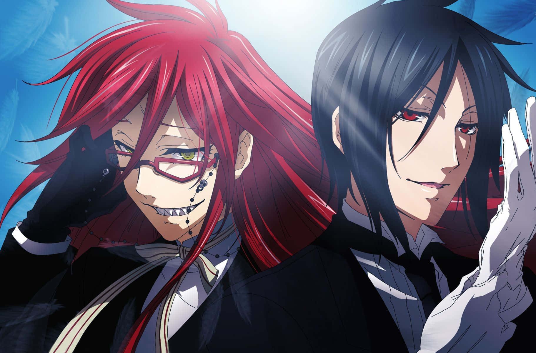 「賽巴斯蒂安與 Ciel——忠誠永存」 壁紙 — 兩個紅黑頭髮的動漫角色穿著正式服裝，在明亮的藍色背景前以戲劇性的燈光擺姿勢。