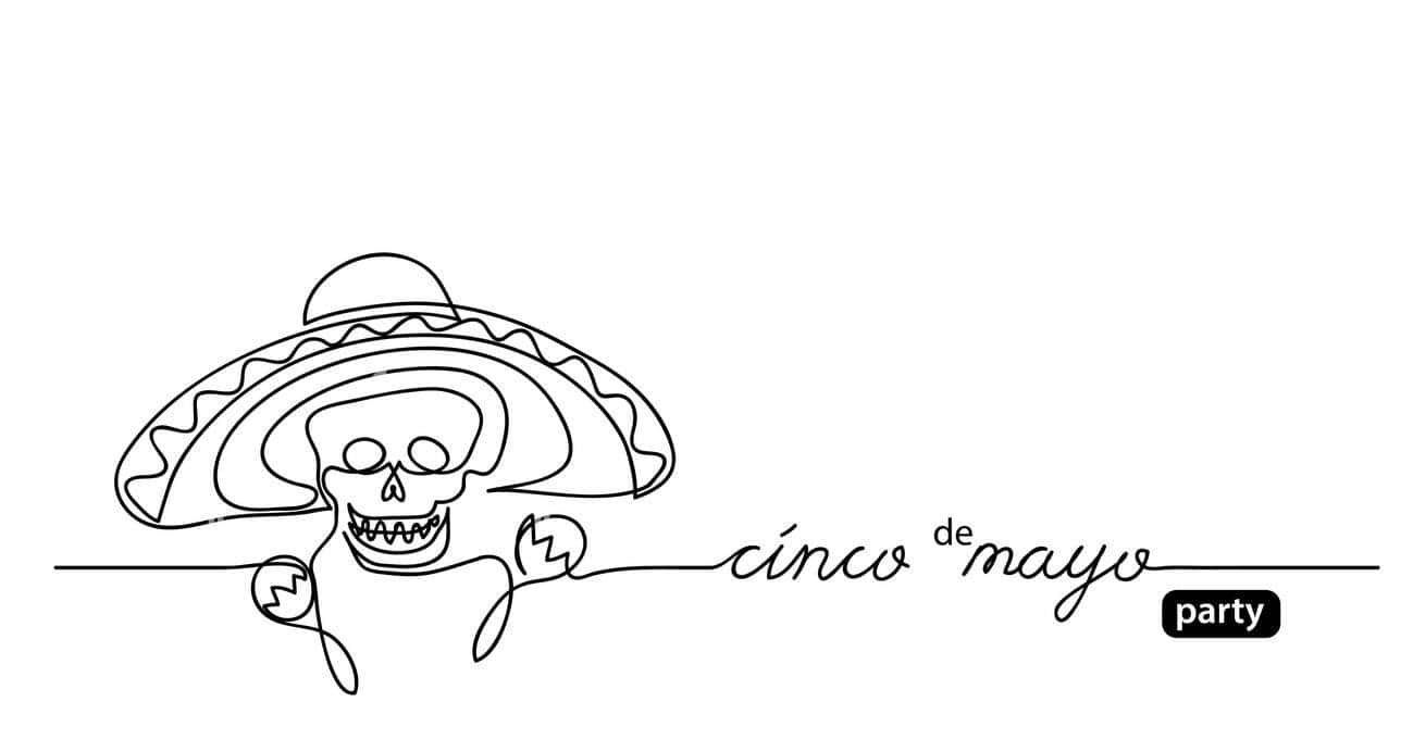 活力四射 Cinco de Mayo 庆祝背景 壁紙 — 一個極簡線條畫，畫有一個戴著闊邊帽的骷髏頭，手持沙槌，並有 'cinco de mayo party' 文字。