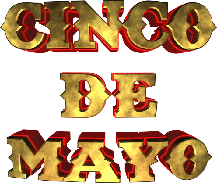 Cinco de Mayo 金色文字 壁紙 — 粗體3D金色字母拼出Cinco de Mayo，帶有紅色內發光，背景為黑色。