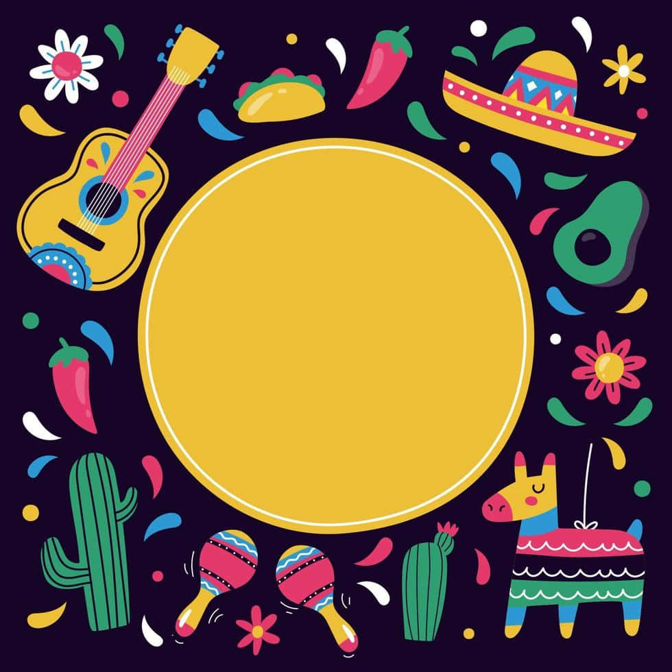 多彩塗鴉風 Cinco de Mayo 背景 壁紙 — 充滿活力的墨西哥主題插圖，結他、闊邊帽、仙人掌和沙槌圍繞深色背景上的黃色圓圈。