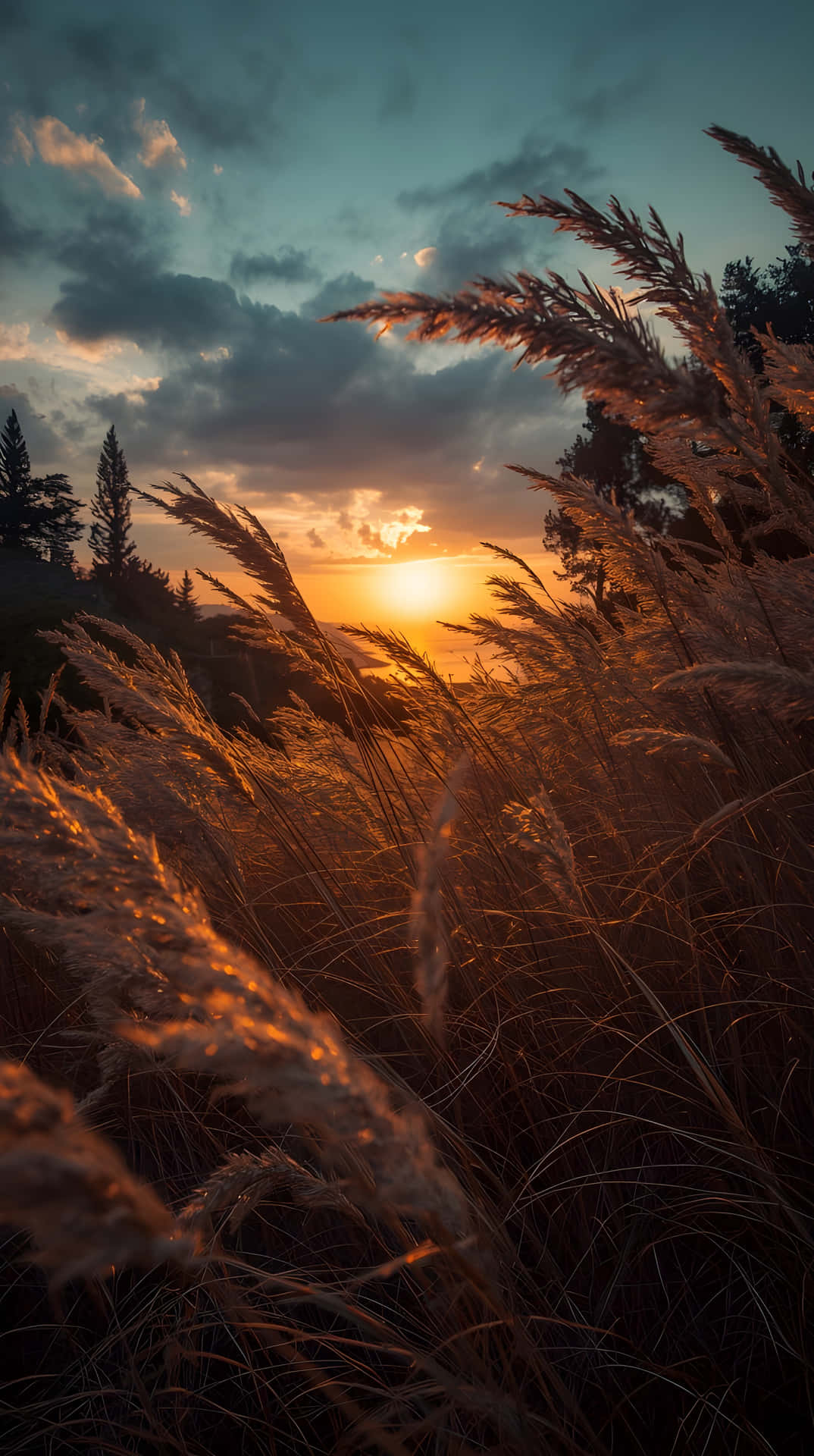 高草在金色夕陽光中搖曳，暗雲和樹木形成剪影。