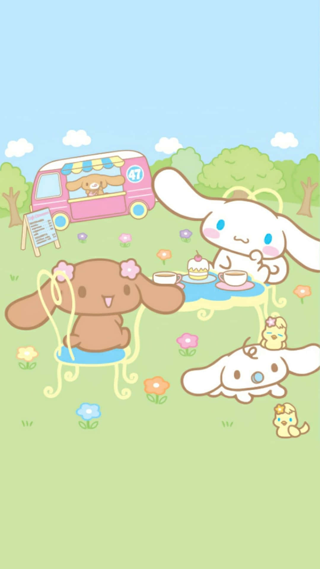  壁紙 — Cinnamoroll 和朋友們在陽光明媚的草地上享受愉快的茶會，附近有一輛粉紅色的美食車。
