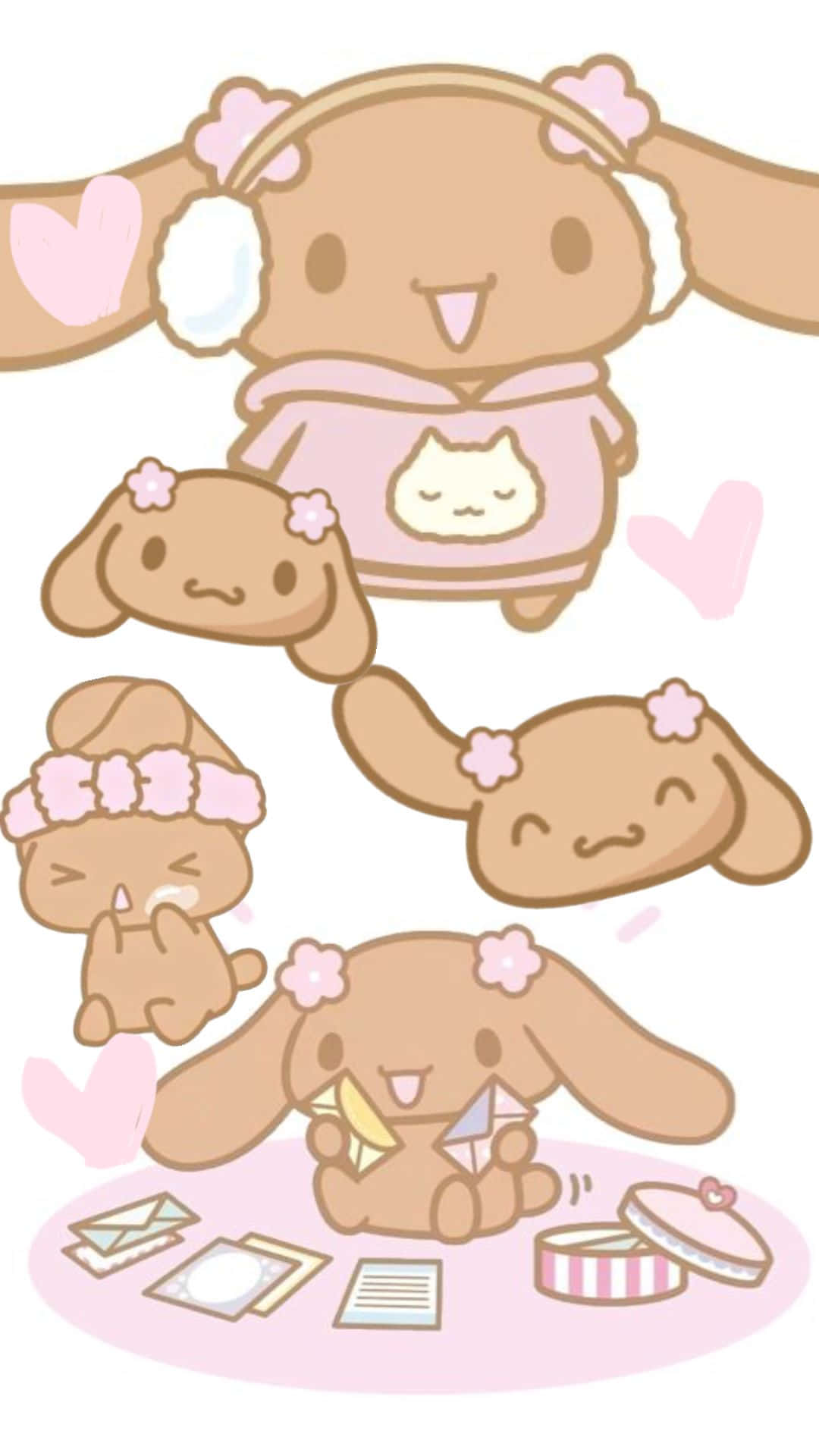  壁紙 — Cinnamoroll 和朋友們穿著可愛的粉紅色服裝，配上花朵和心形圖案的趣味插圖。