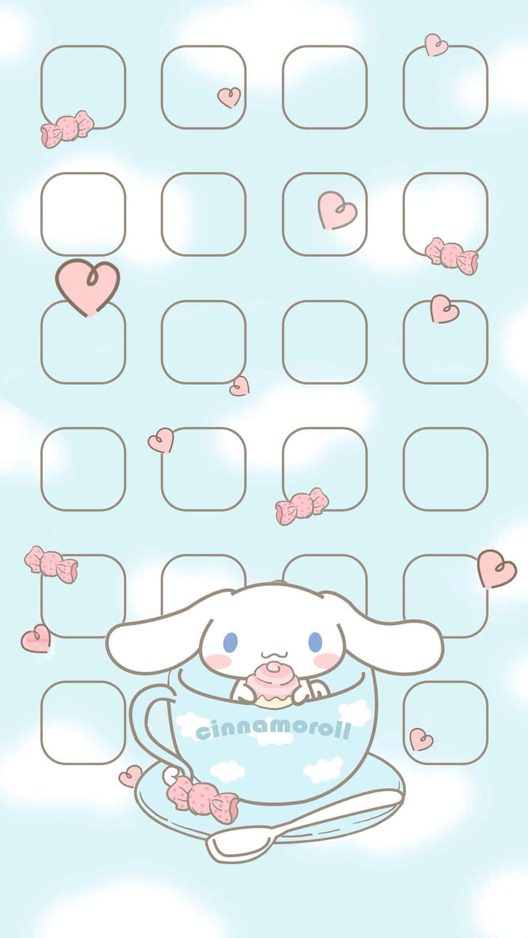 Cinnamoroll 在茶杯中，手持冬甩，被心形和蝴蝶結環繞，背景是粉彩天空。