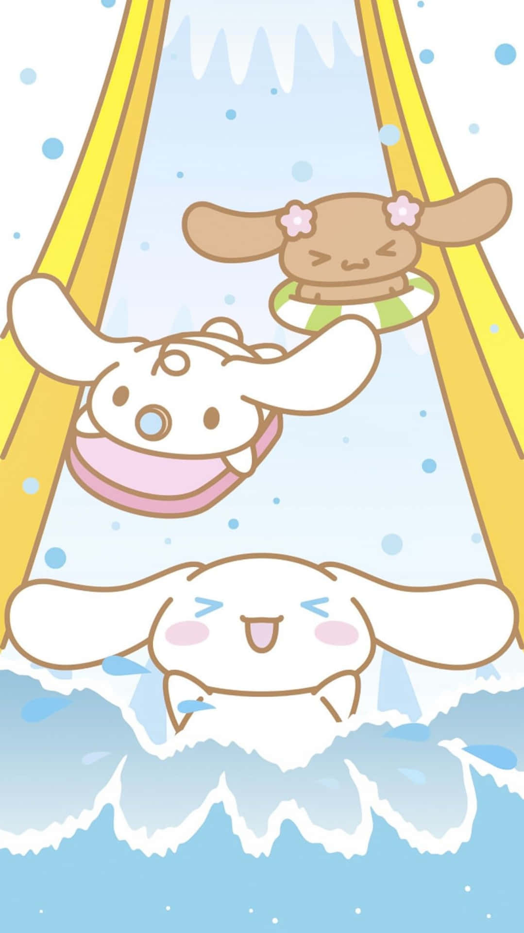 三隻卡通兔子在白雪覆蓋的水滑梯上滑下，水花四濺。