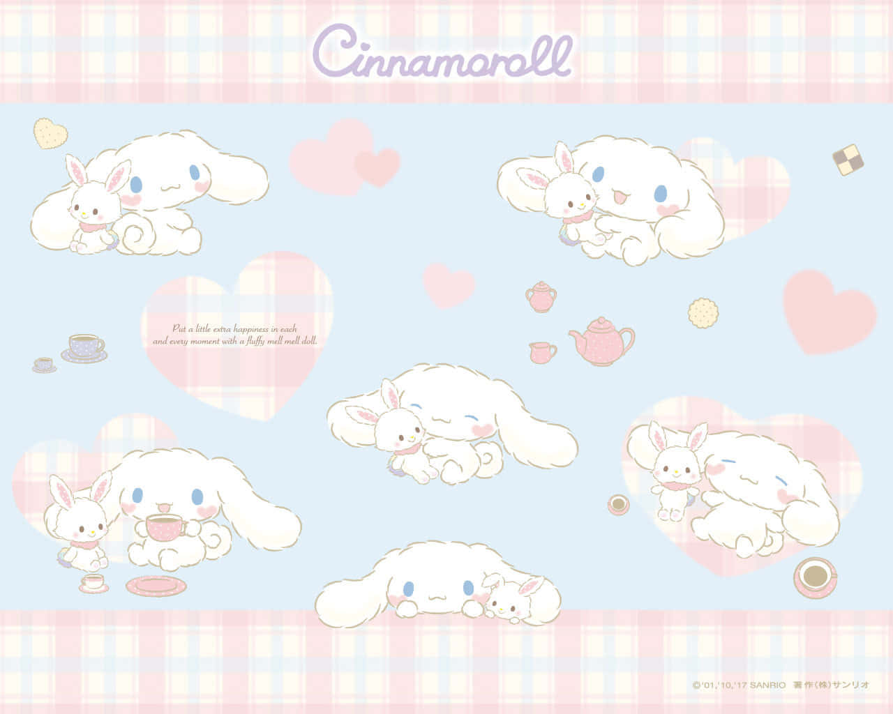 Cinnamoroll 和朋友們依偎在粉彩心形和格子邊框中。