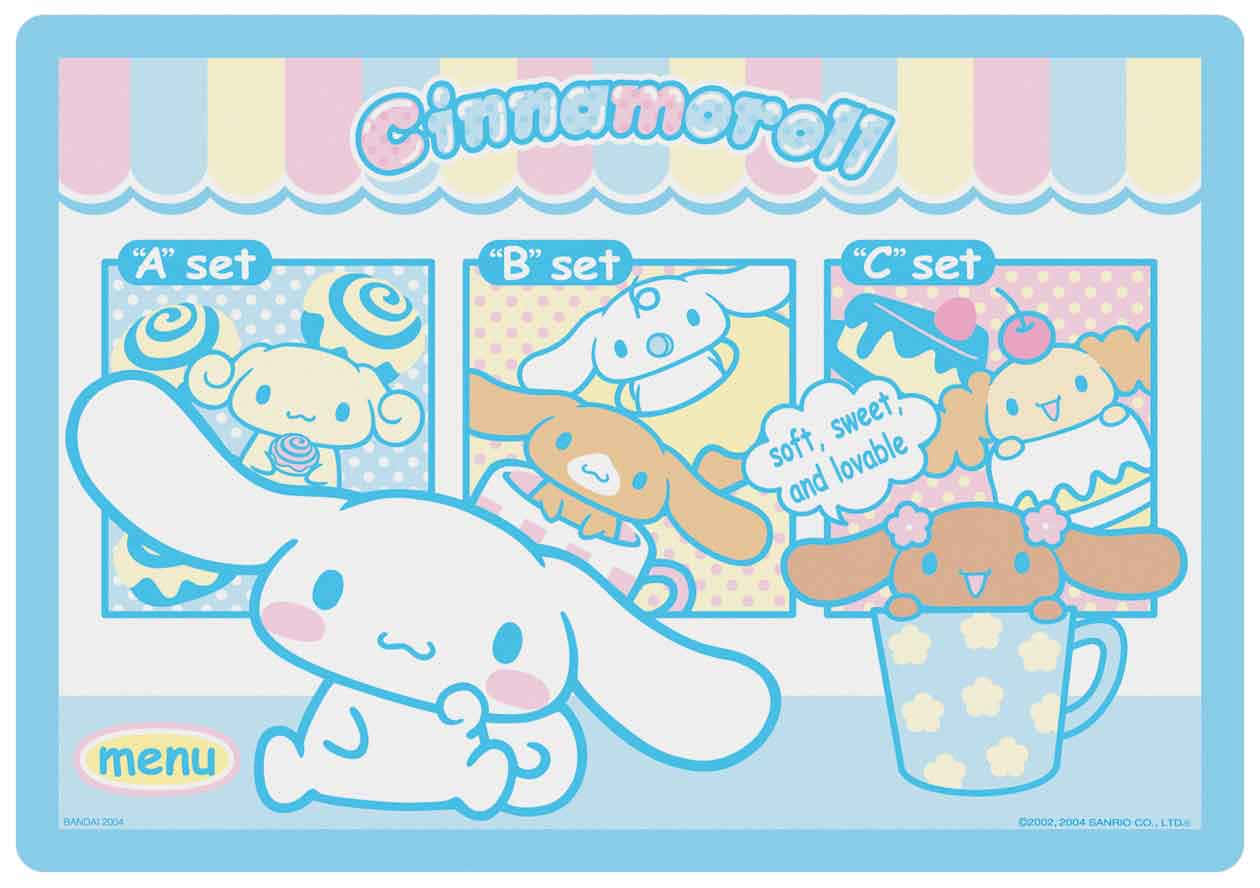 Cinnamoroll 卡通角色與粉彩色的甜點菜單套餐。