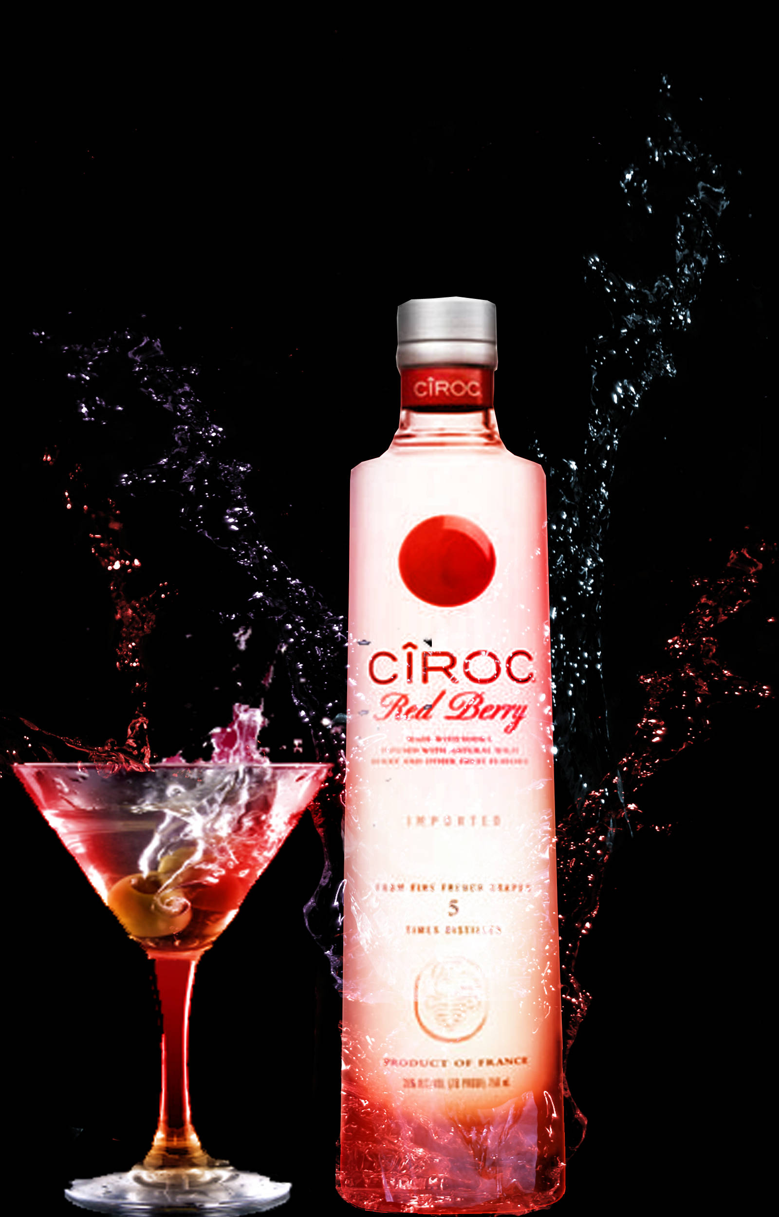 Ciroc 法國伏特加紅莓口味瓶身圖案設計 壁紙 — 一個纖細的粉紅色Ciroc Red Berry伏特加酒瓶放在馬提尼酒杯旁邊，液體戲劇性地飛濺在黑色背景上。