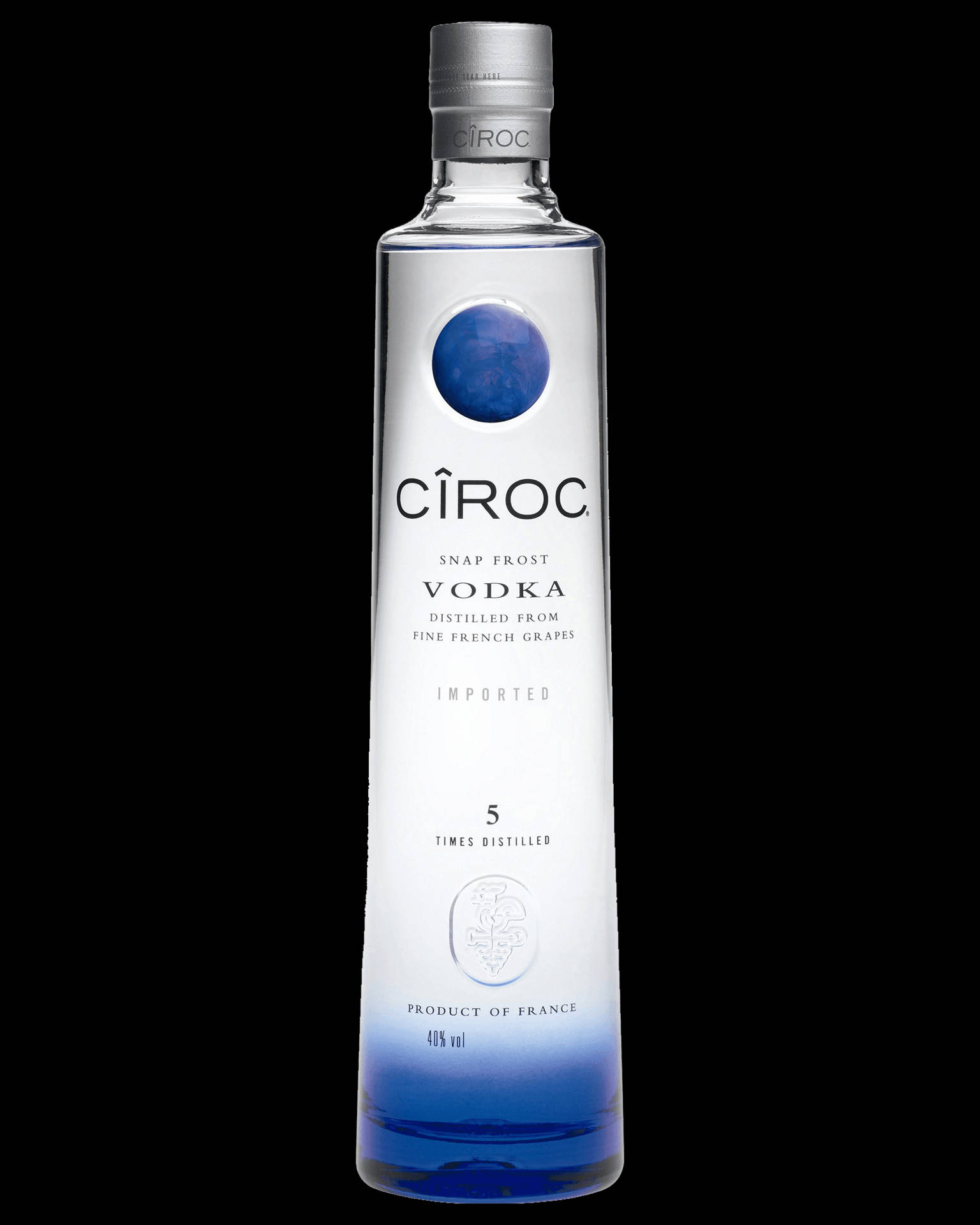 Ciroc伏特加酒瓶，帶有藍色漸變和銀色瓶蓋，置於黑色背景上