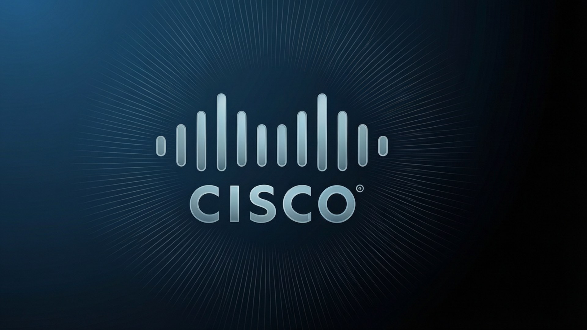 Cisco Logo Minimal 壁紙 — Cisco 標誌居中於深藍色漸變背景上，帶有輻射光線。
