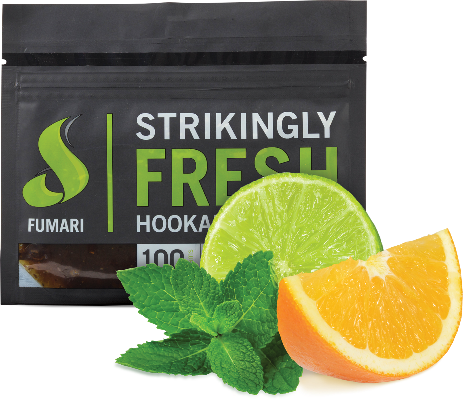 Citrus Flavored 雪茄煙草包裝 壁紙 — 一個黑色水煙煙草袋，標有「Strikingly Fresh」，旁邊放著鮮豔的青檸橙片和薄荷葉。