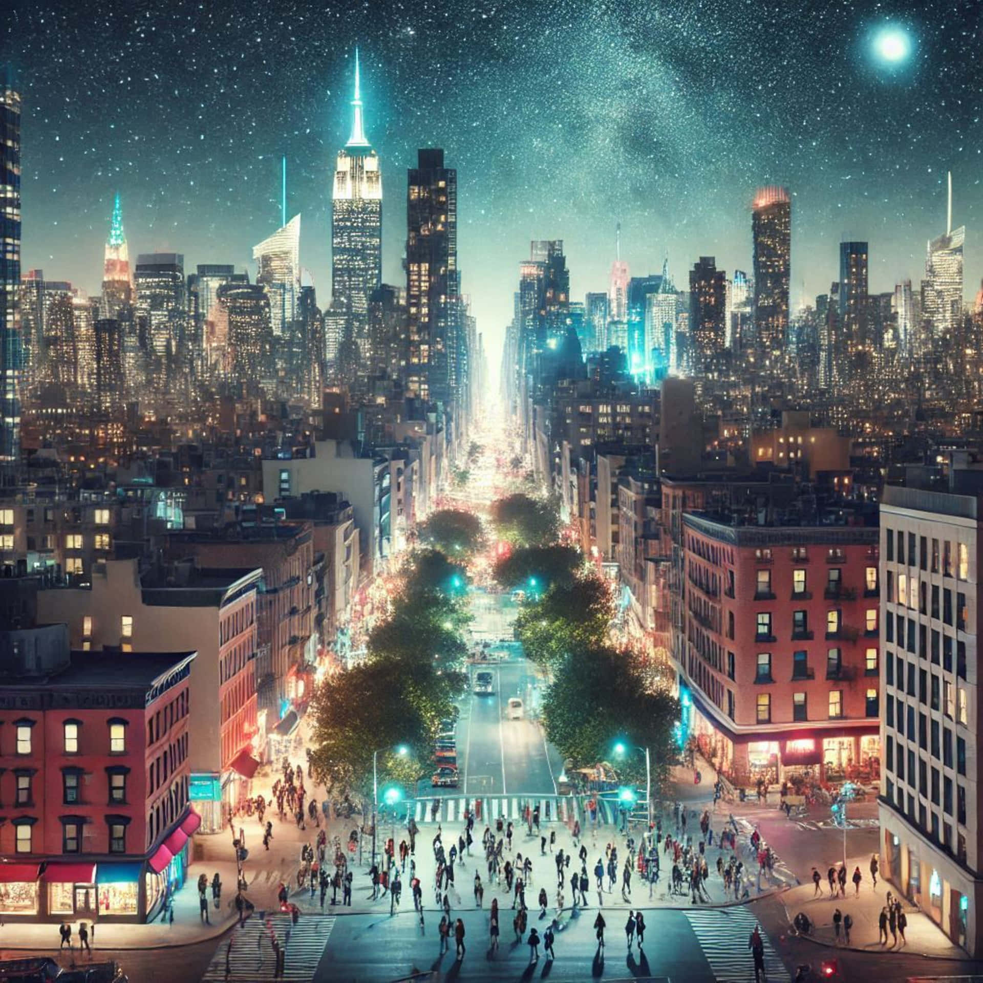 夜晚的城市街道，高聳的照明建築，人群行人，以及上方的星空。