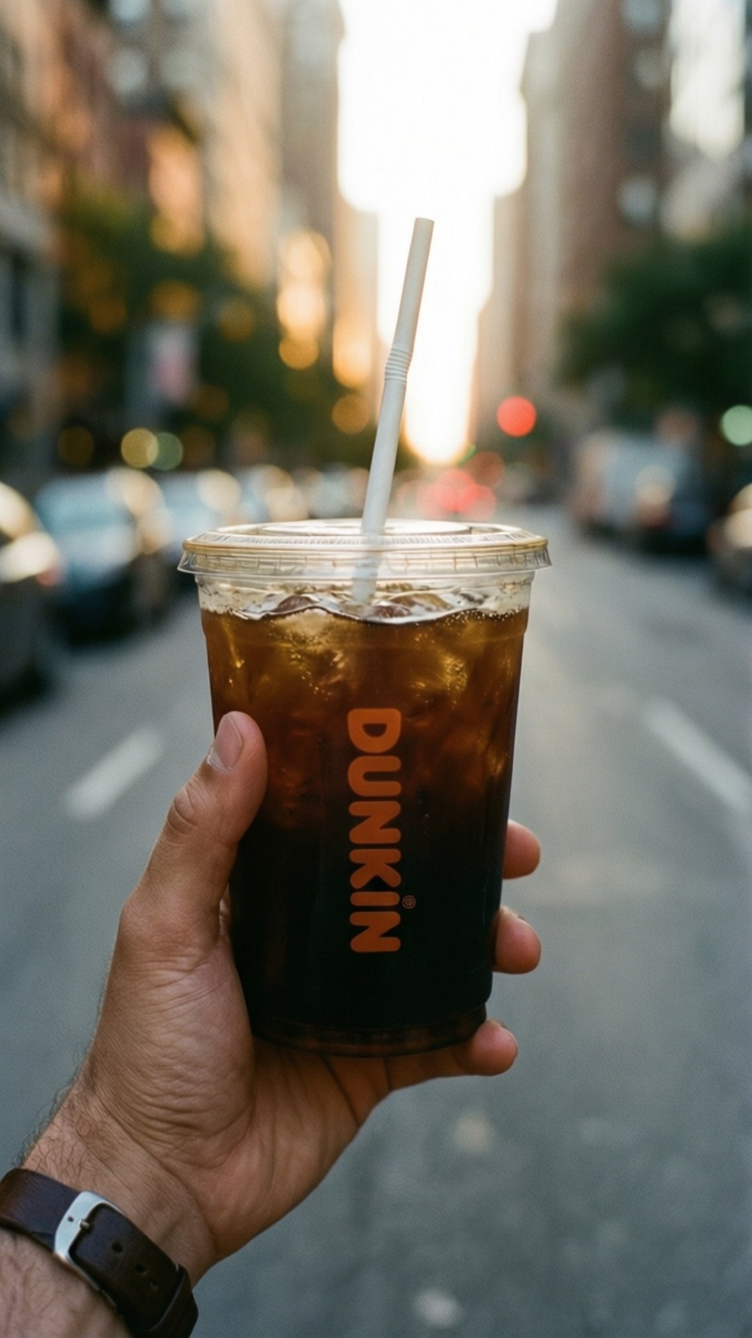 黃金時段在街道上手持帶吸管的Dunkin冰咖啡杯