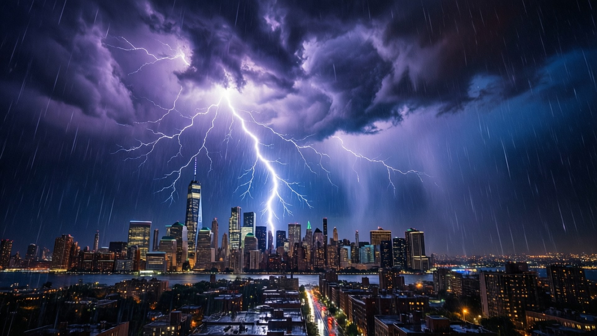 一道強勁的閃電照亮了雨夜的城市天際線，建築物閃閃發光，街道濕漉漉。