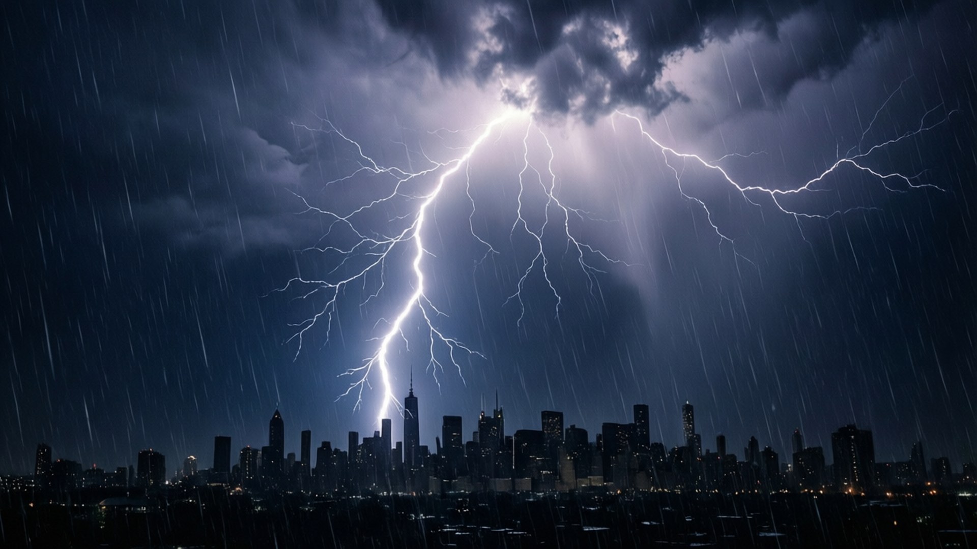 夜晚暴雨中，閃電擊中城市。