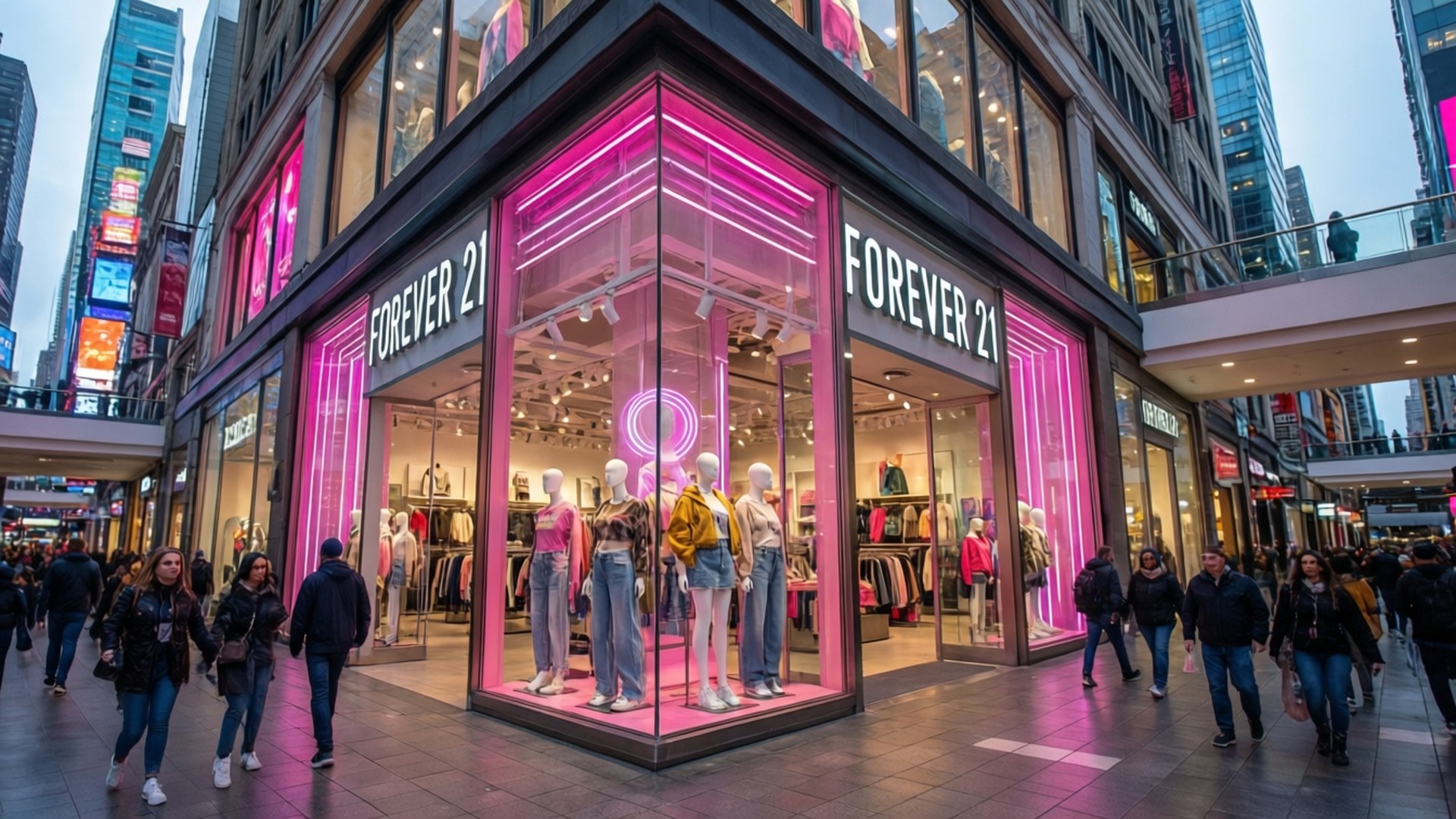 Forever 21商店，帶有粉紅色霓虹燈和模特兒，位於繁忙的城市街道上。