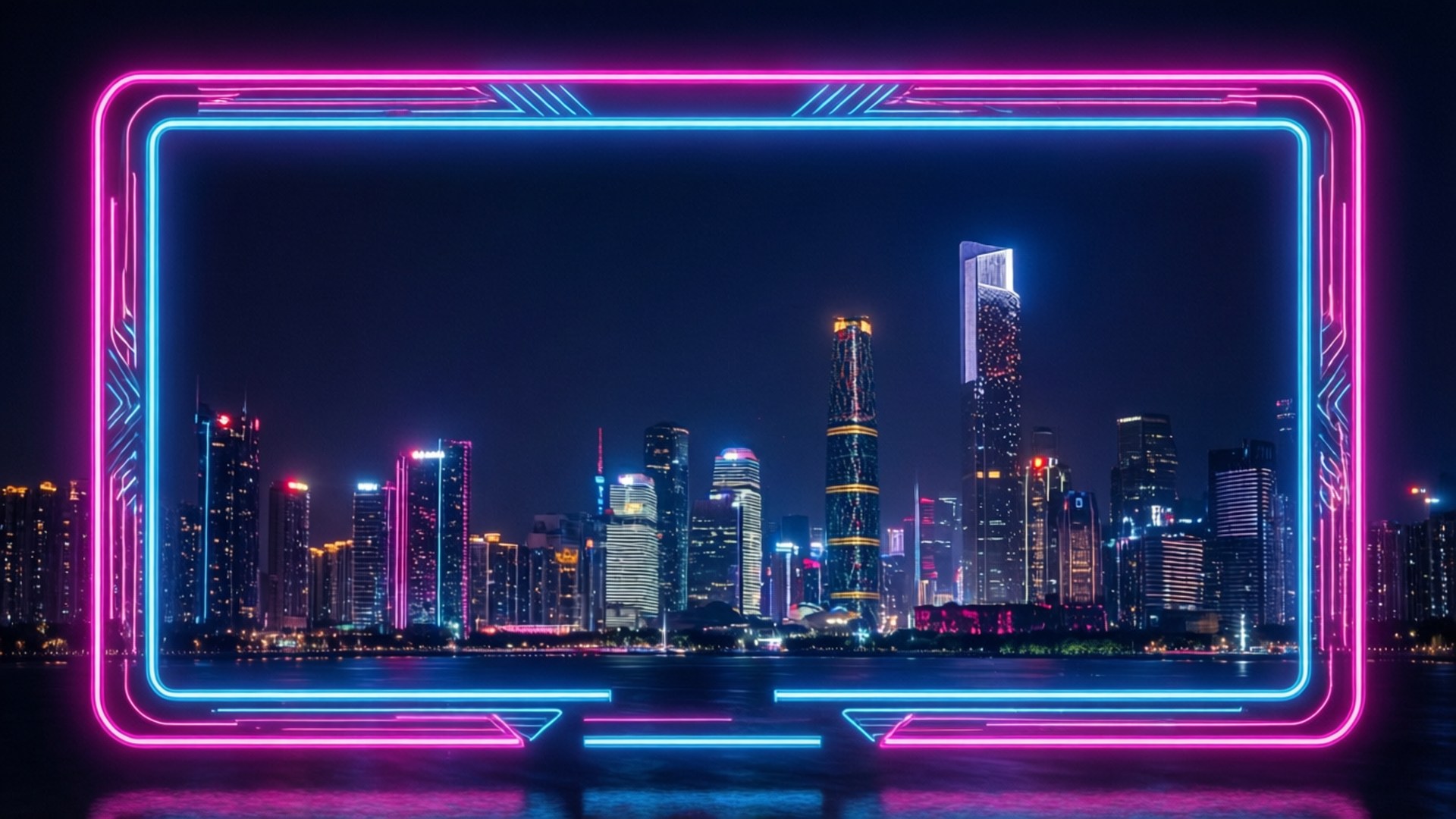 未來城市天際線在夜晚被霓虹燈框住，水面倒映。