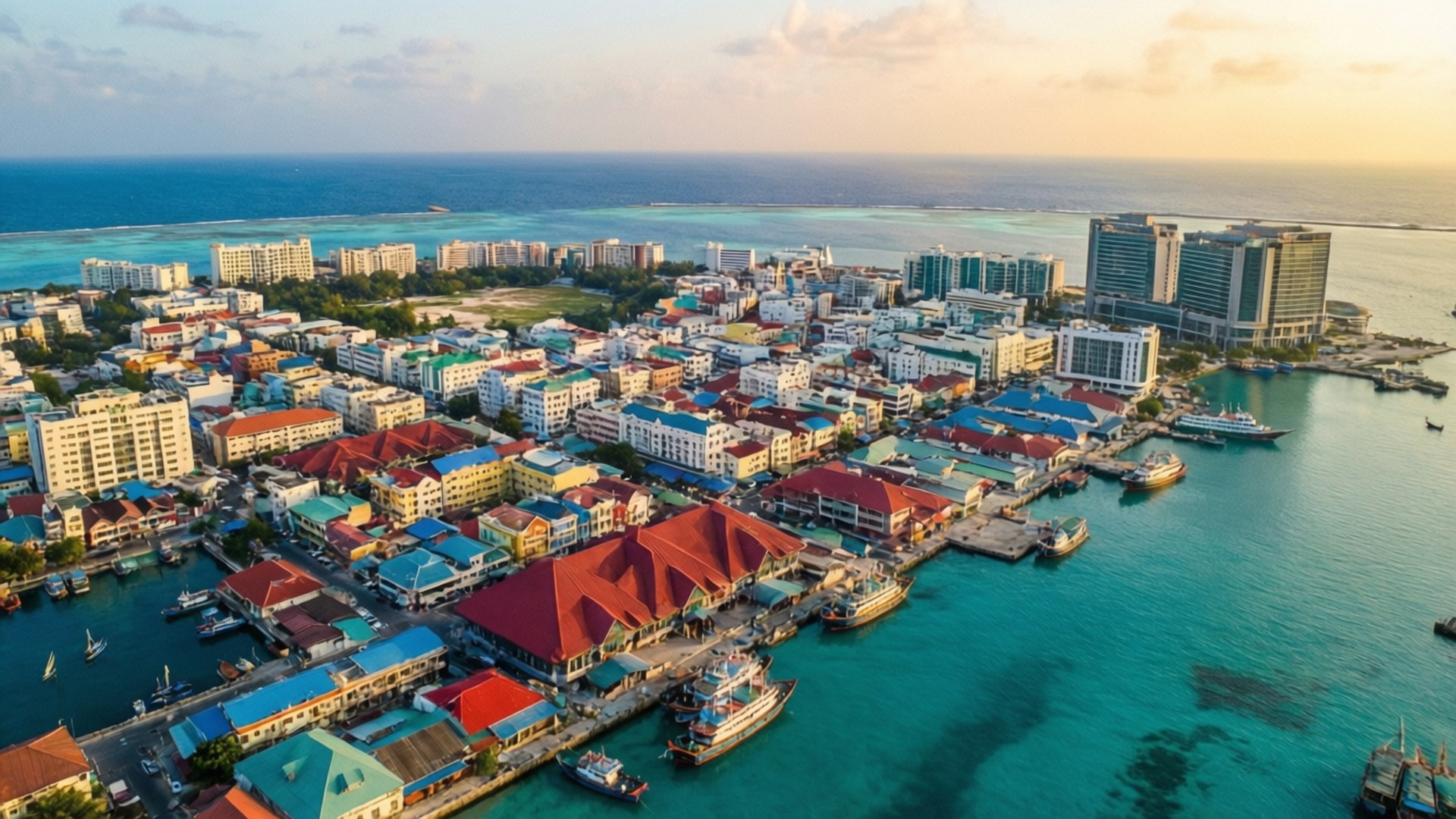 日落時分，沿海小鎮色彩繽紛的建築和船隻在碧綠的海水中