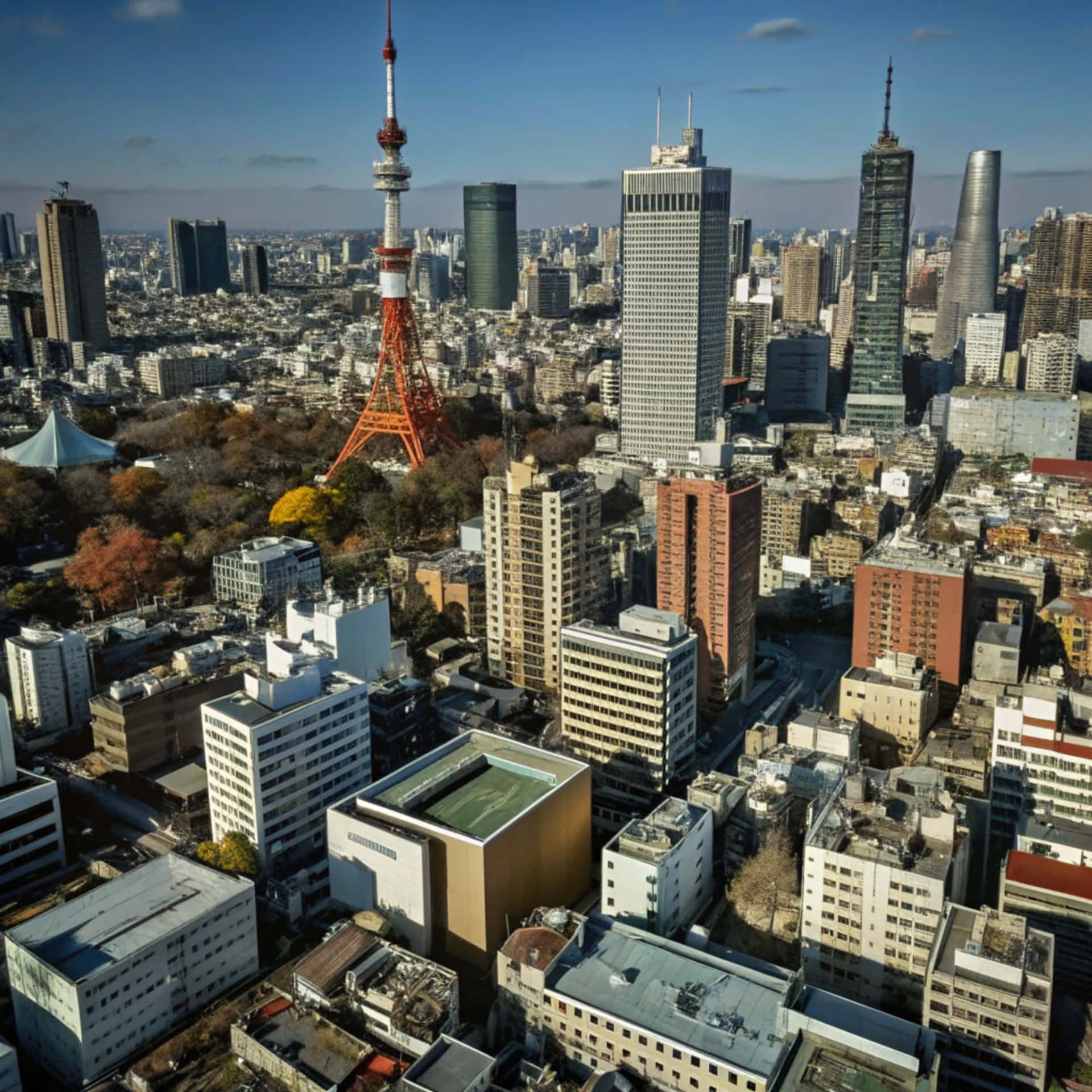 東京塔在清澈的藍天下，矗立於現代建築和秋樹之間。