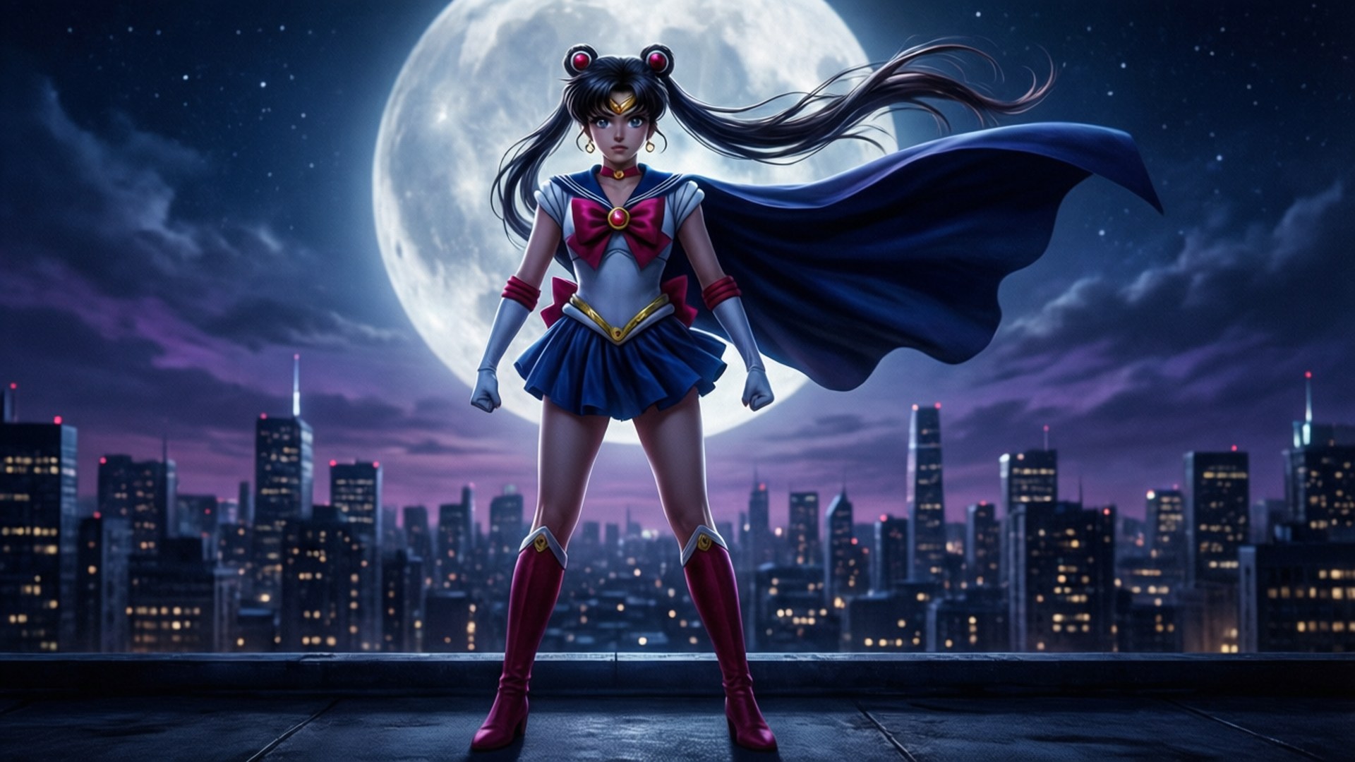美少女戰士動畫角色夜晚站在屋頂上，身後有城市和滿月