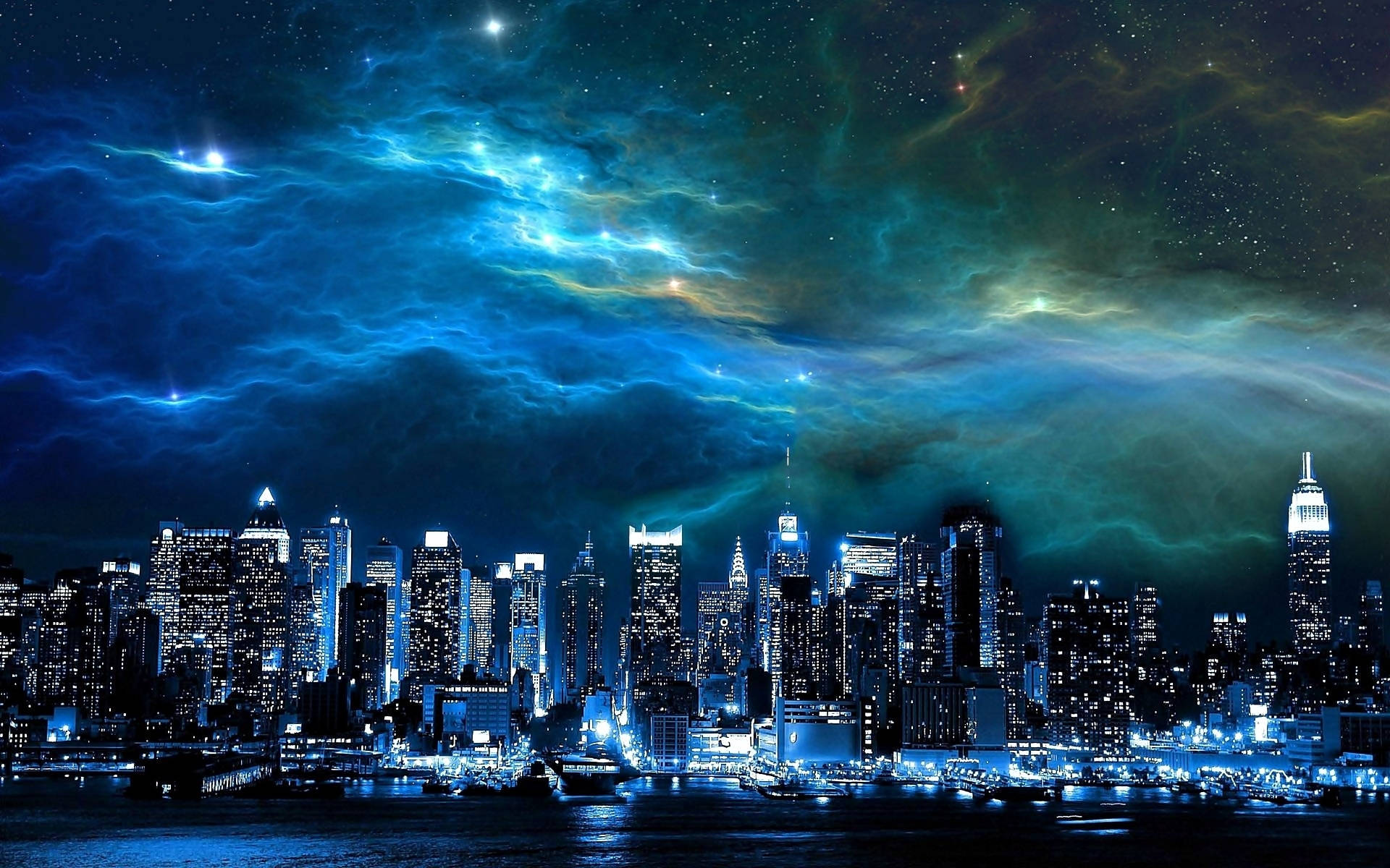 藝術城市天空城市風景藍色雲朵繁星夜空高清壁紙 | 背景圖片