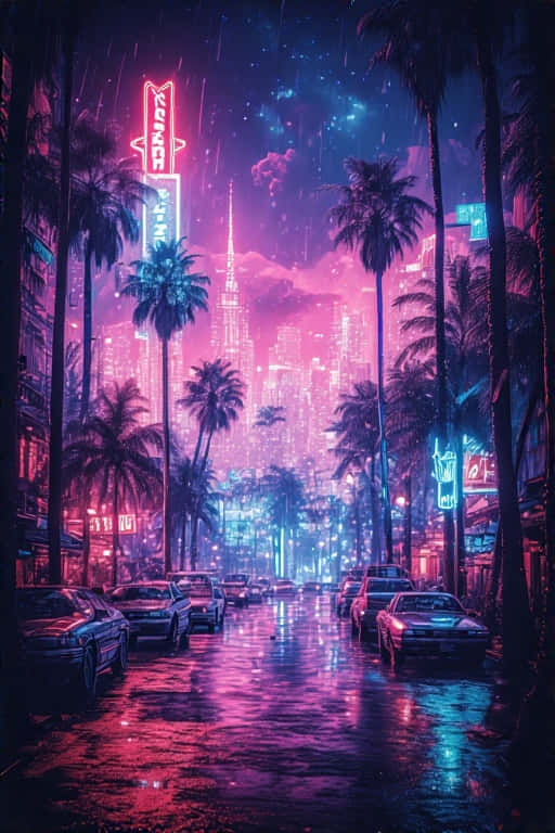 霓虹燈照亮夜晚的城市街道，棕櫚樹和濕路面反射出繽紛燈光。