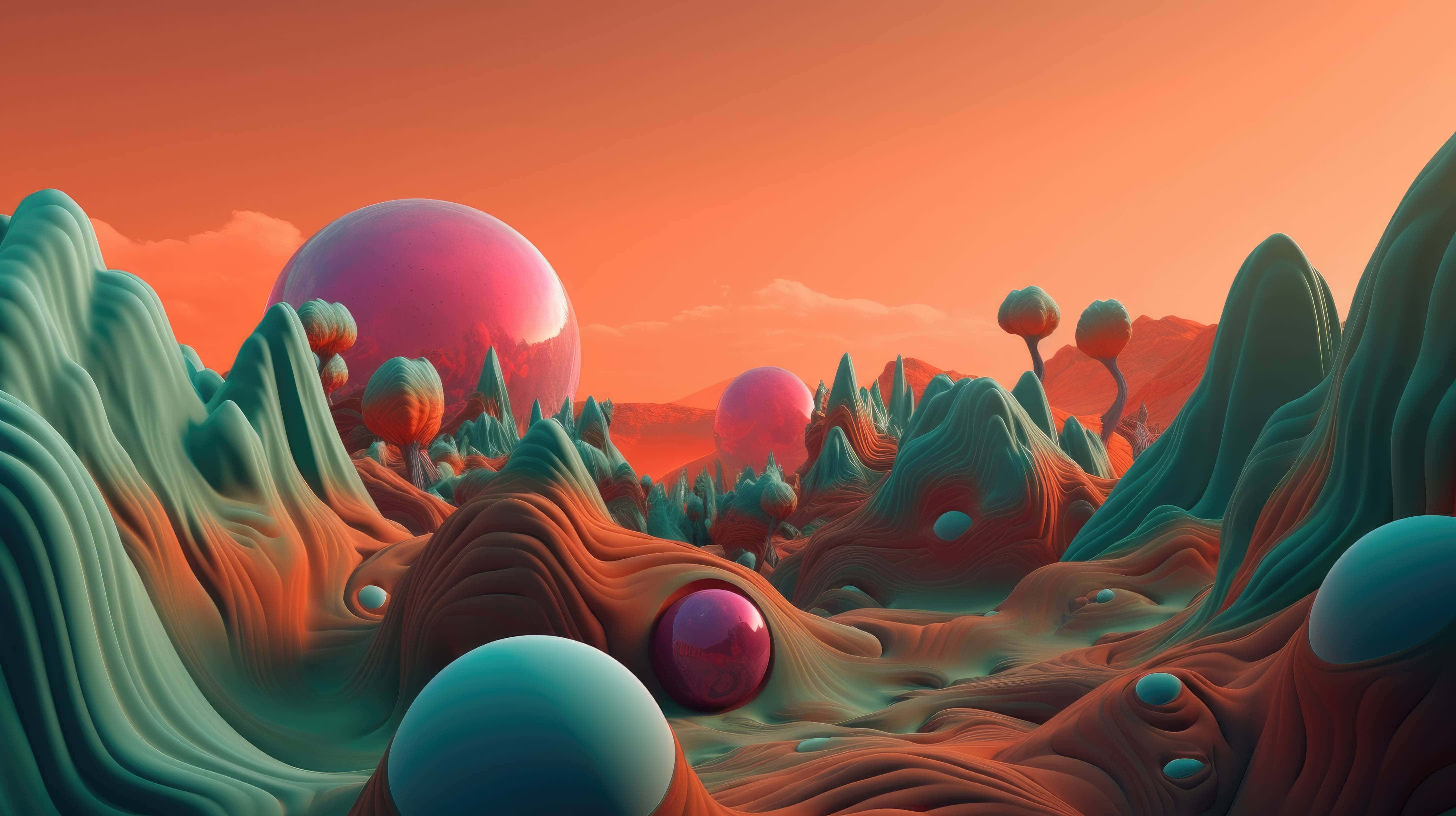 Abstract Landscape 桌布 壁紙 — 超現實的外星景觀，有流動的青綠色山脈、發光的粉紅色球體和溫暖的橙色天空。